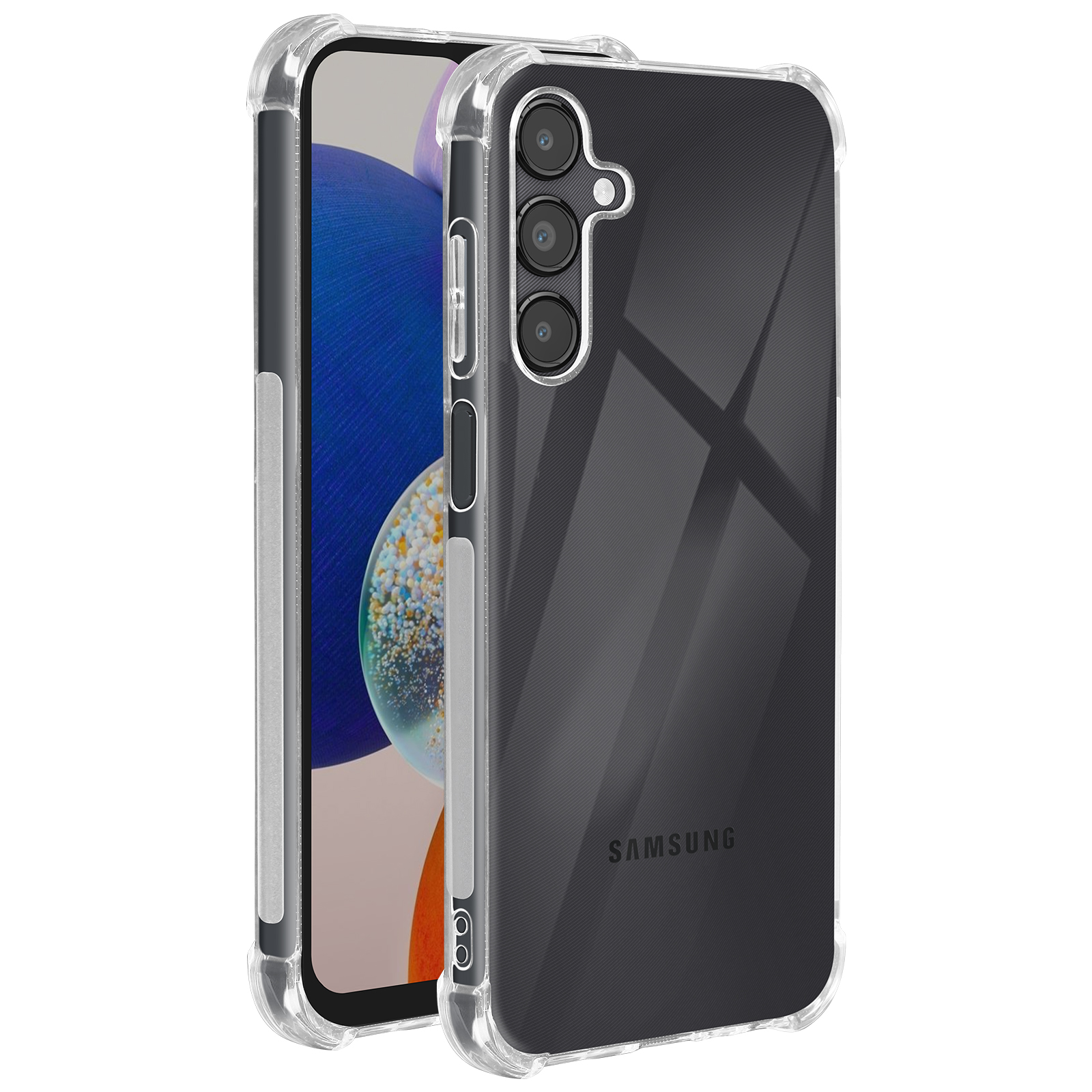 Coque de téléphone transparente sur un téléphone. Il s'agit d'un téléphone Samsung avec trois caméras. Fond blanc.