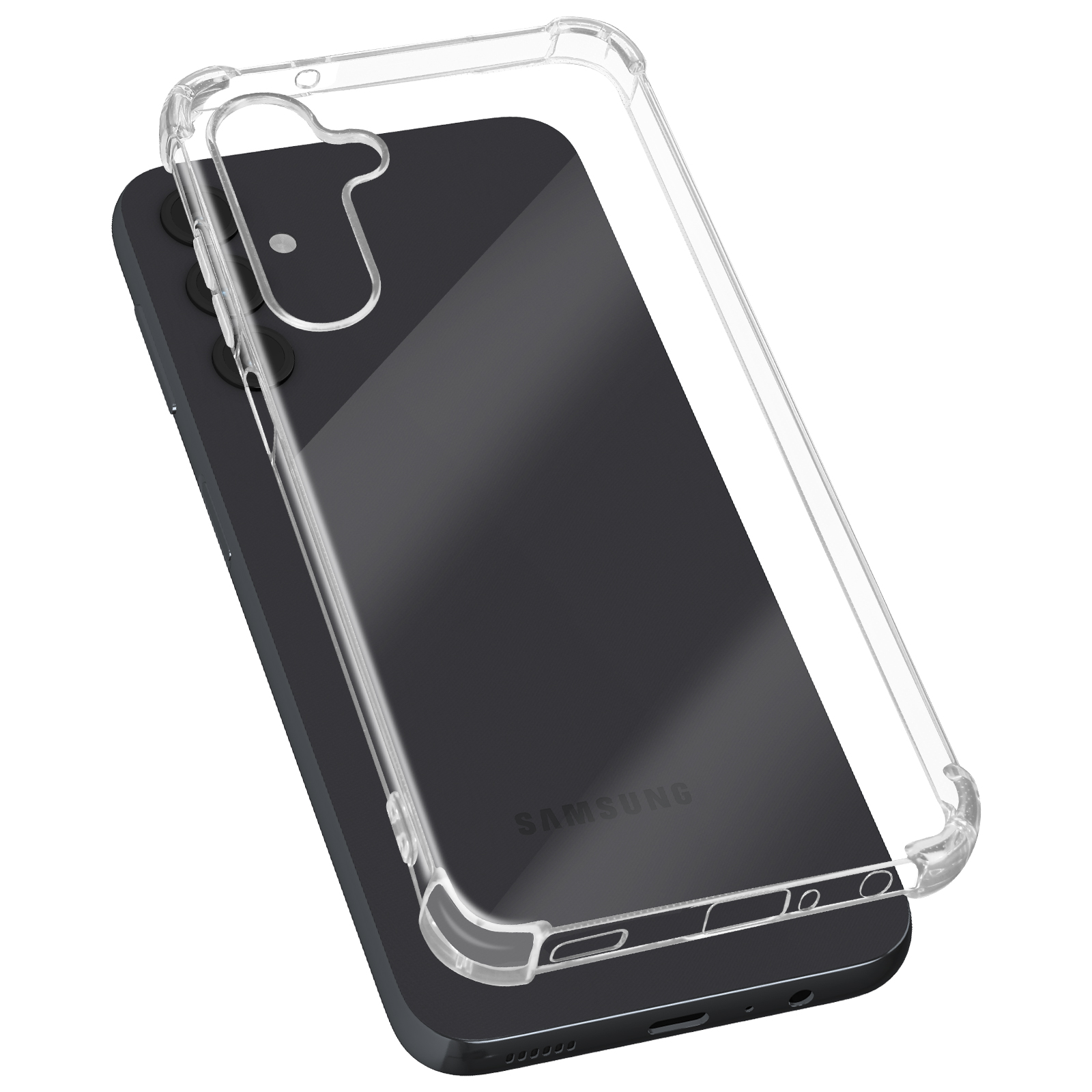 Une coque de téléphone transparente sur un téléphone Samsung noir, sur une surface blanche. Le téléphone est incliné.