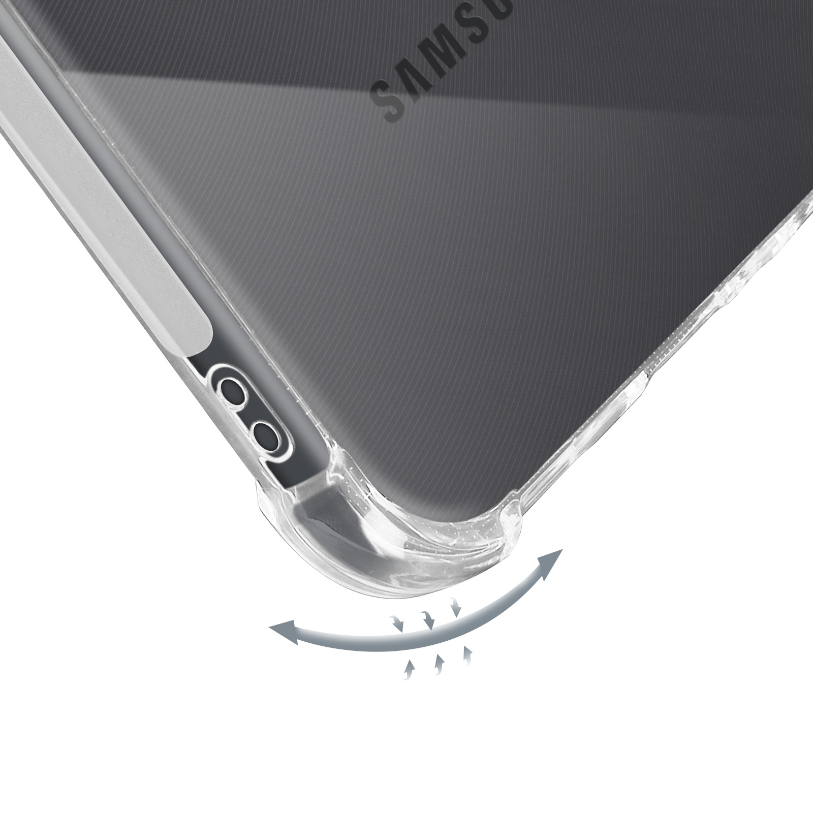 Coque de téléphone transparente, avec une flèche incurvée indiquant la flexibilité.