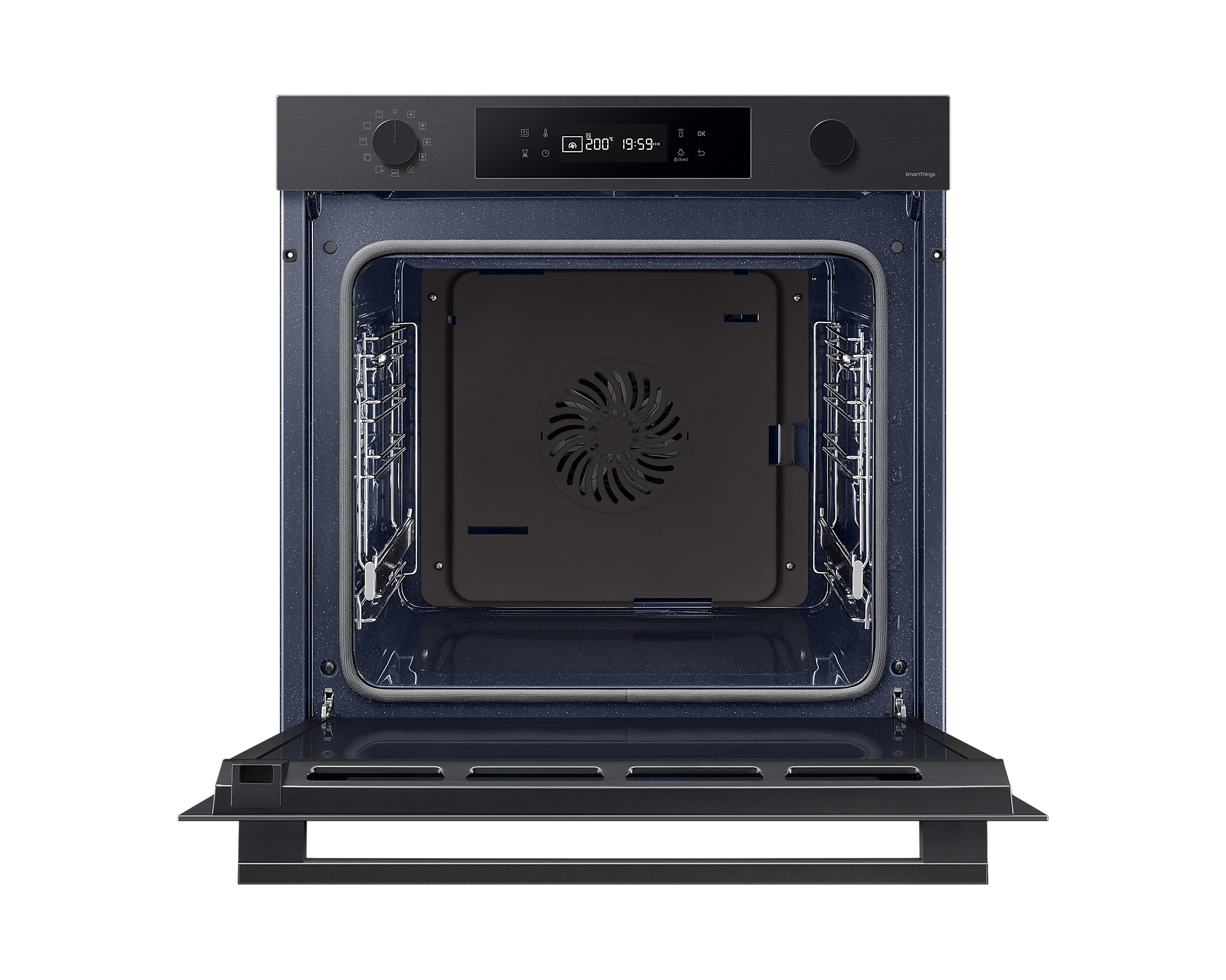 Un forno nero aperto con interno scuro e pannello di controllo.