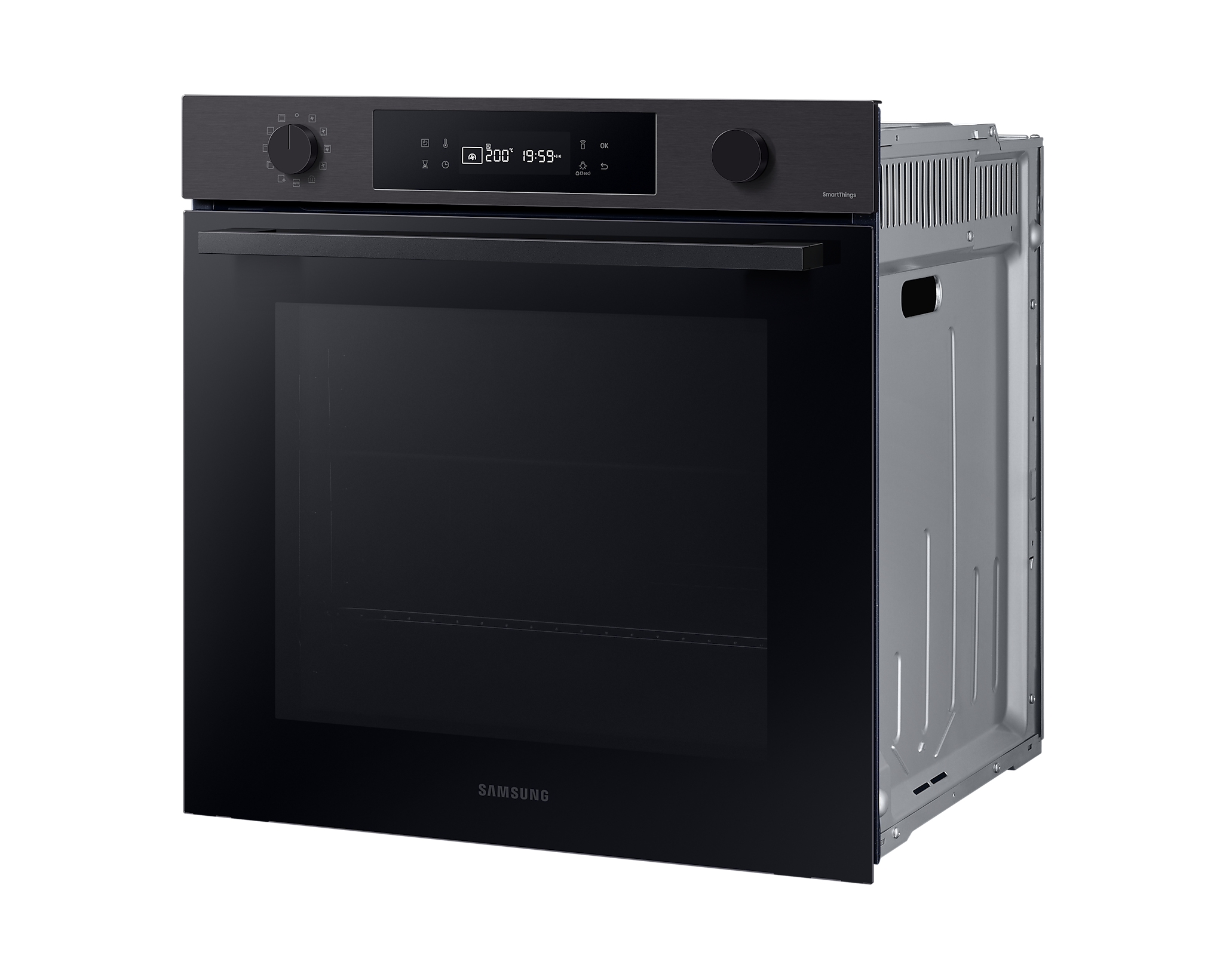 Un forno Samsung nero con display, manopole e maniglia.