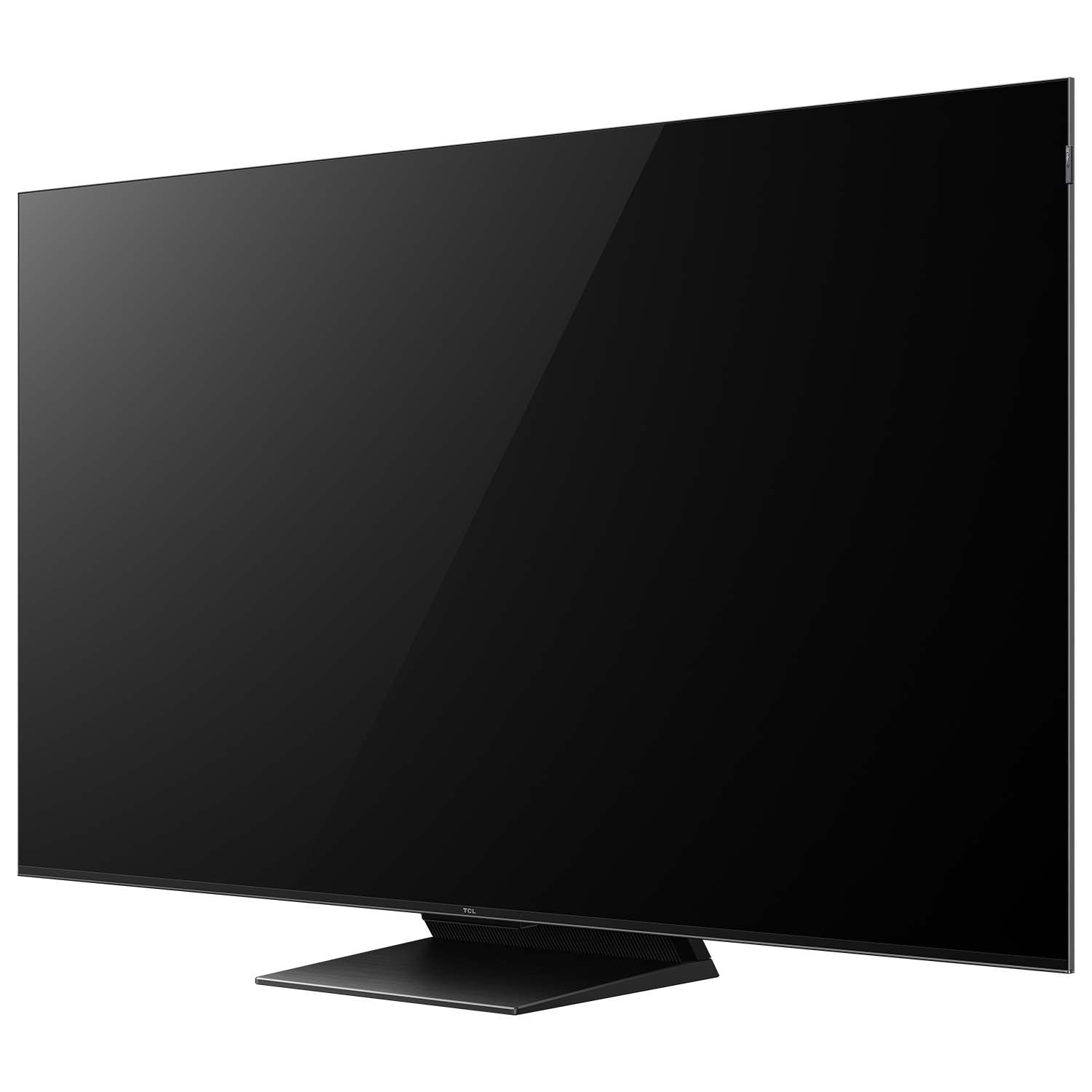 Een grote zwarte TCL-tv wordt in een hoek weergegeven op een reflecterend zwart oppervlak.