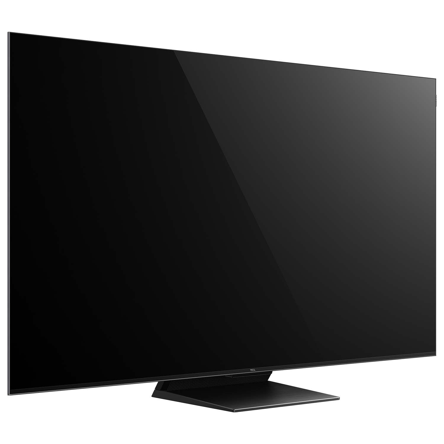 Een grote, strakke zwarte TCL TV met een minimale standaard.