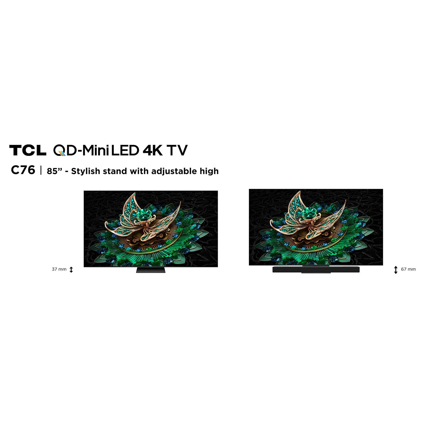 Twee tv's, TCL, met een decoratief element en verstelbare standaard.
