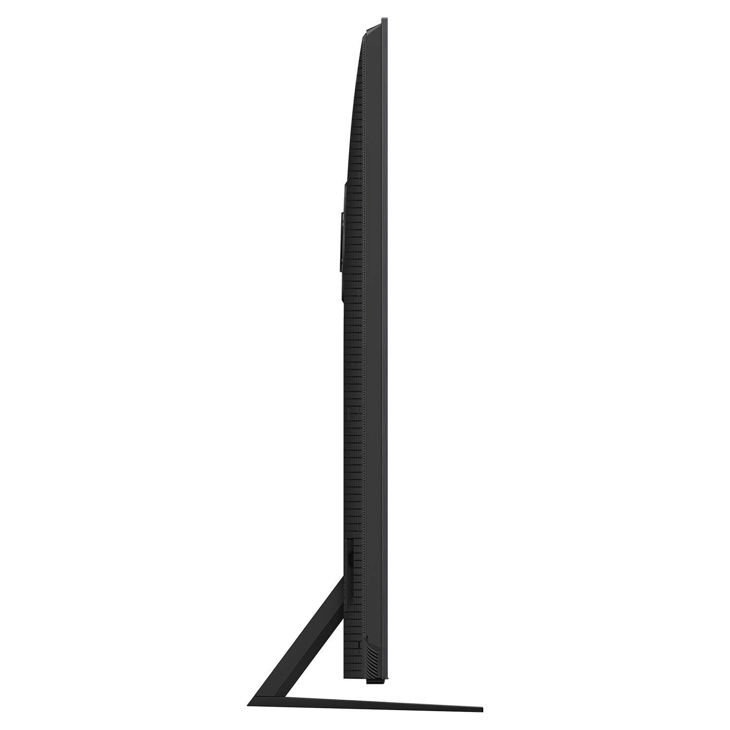 Een strakke, zwarte tv van de zijkant gezien, die zijn slanke profiel toont.