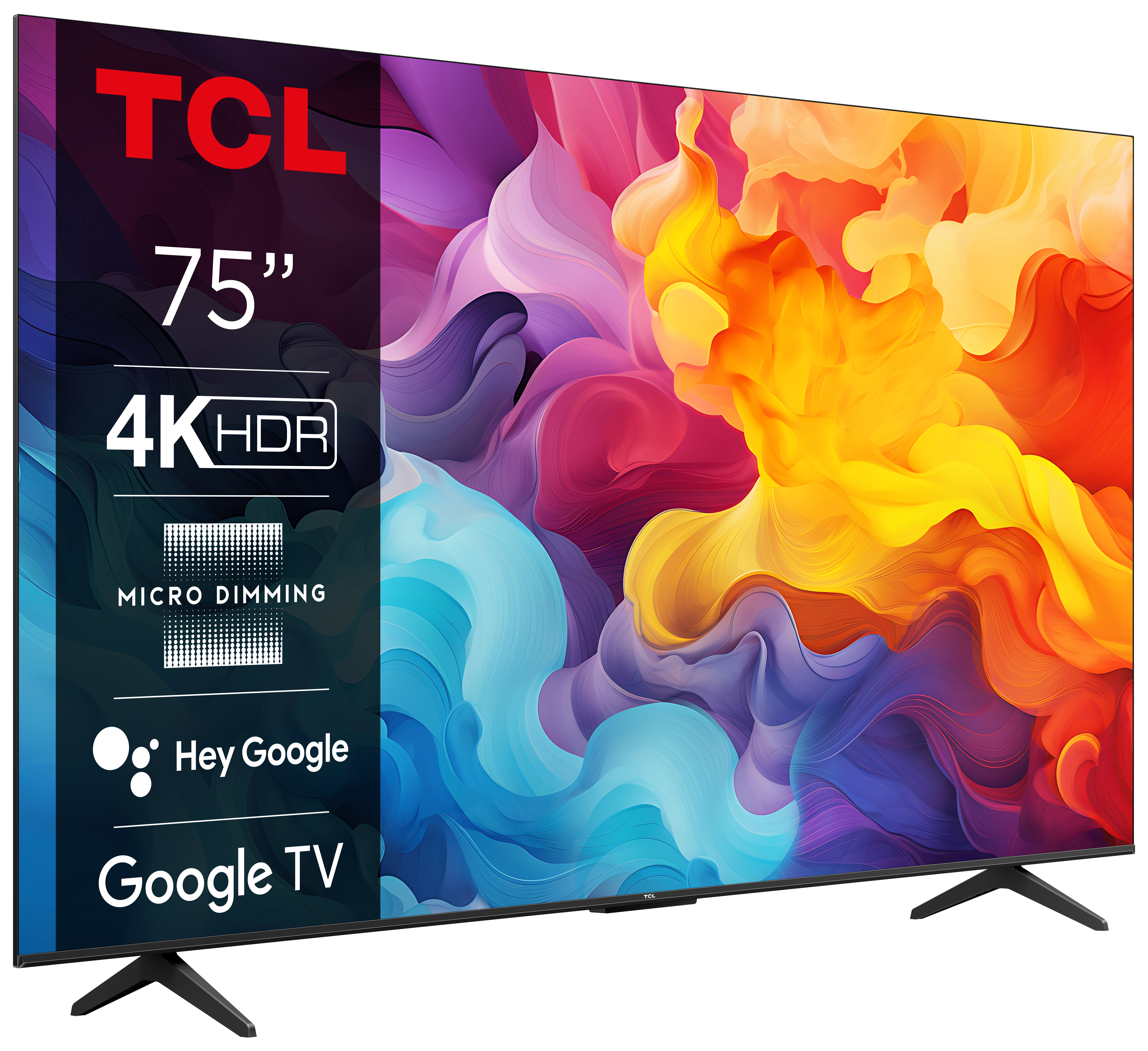 Un televisore TCL da 75 pollici con 4K HDR, Google TV e funzioni Hey Google.