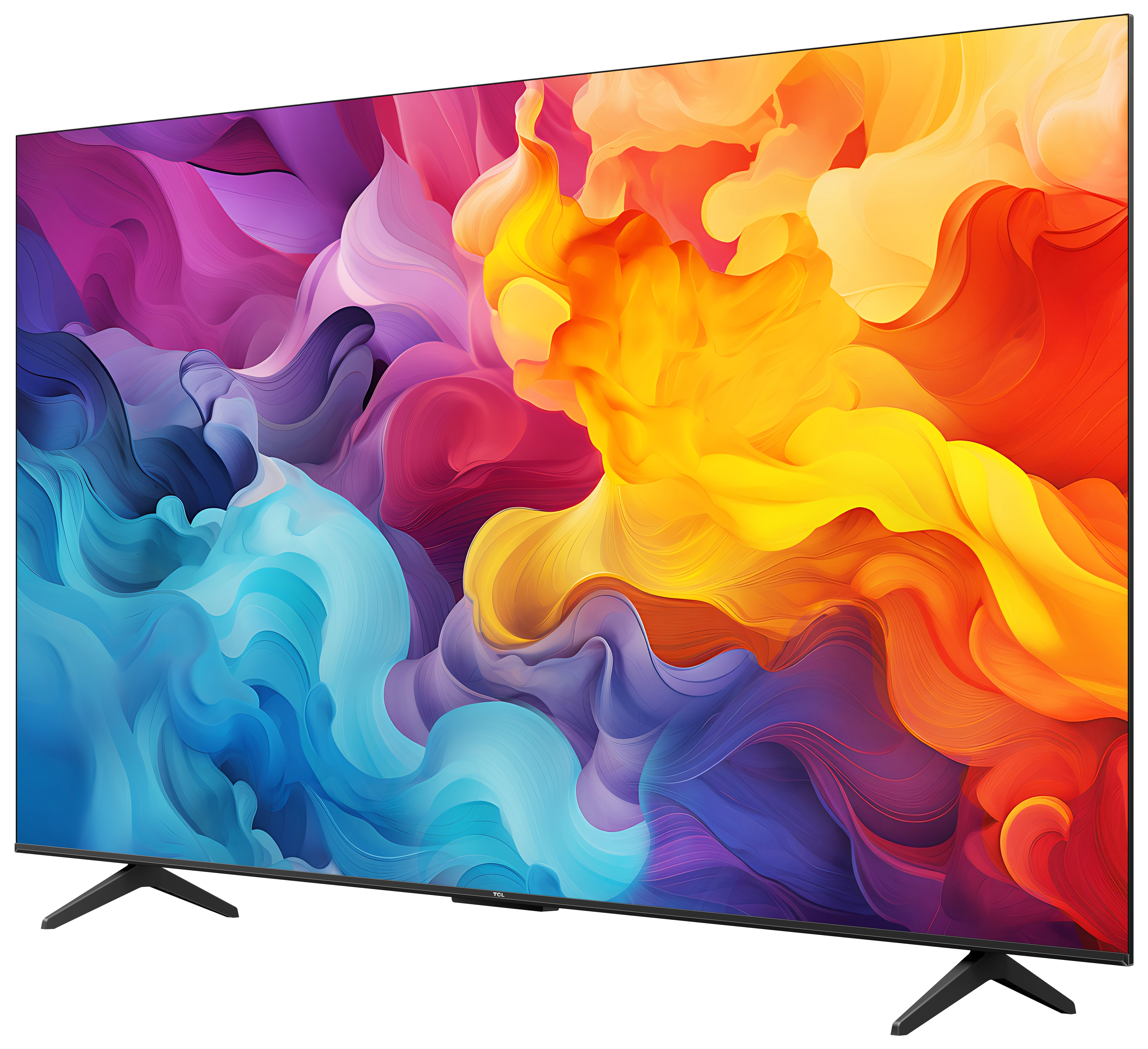Grande TV moderna con vivace motivo astratto di colori e cornice nera.