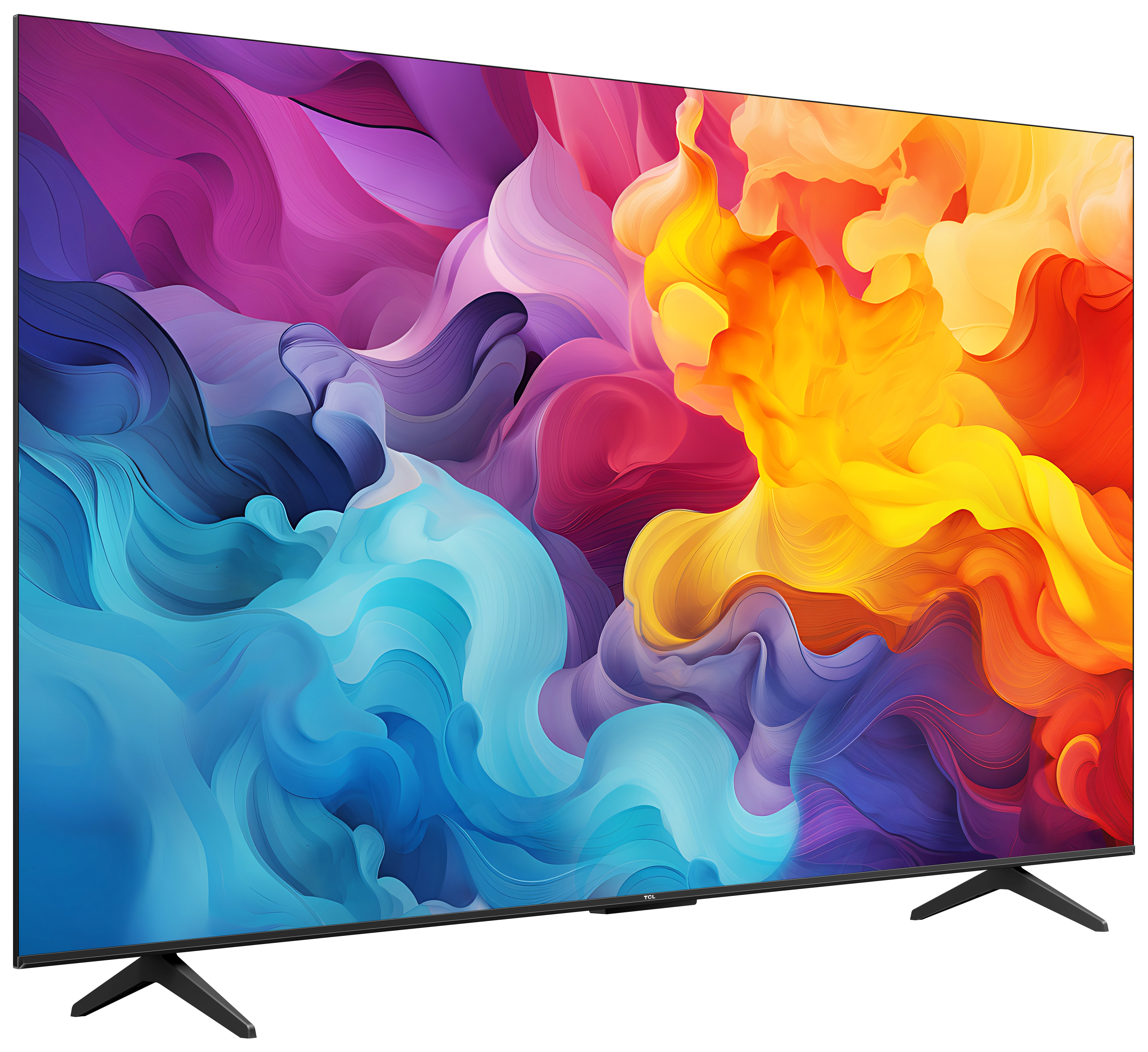 Grande schermo TV con arte astratta colorata. Supporto e cornice neri. Vista angolata.