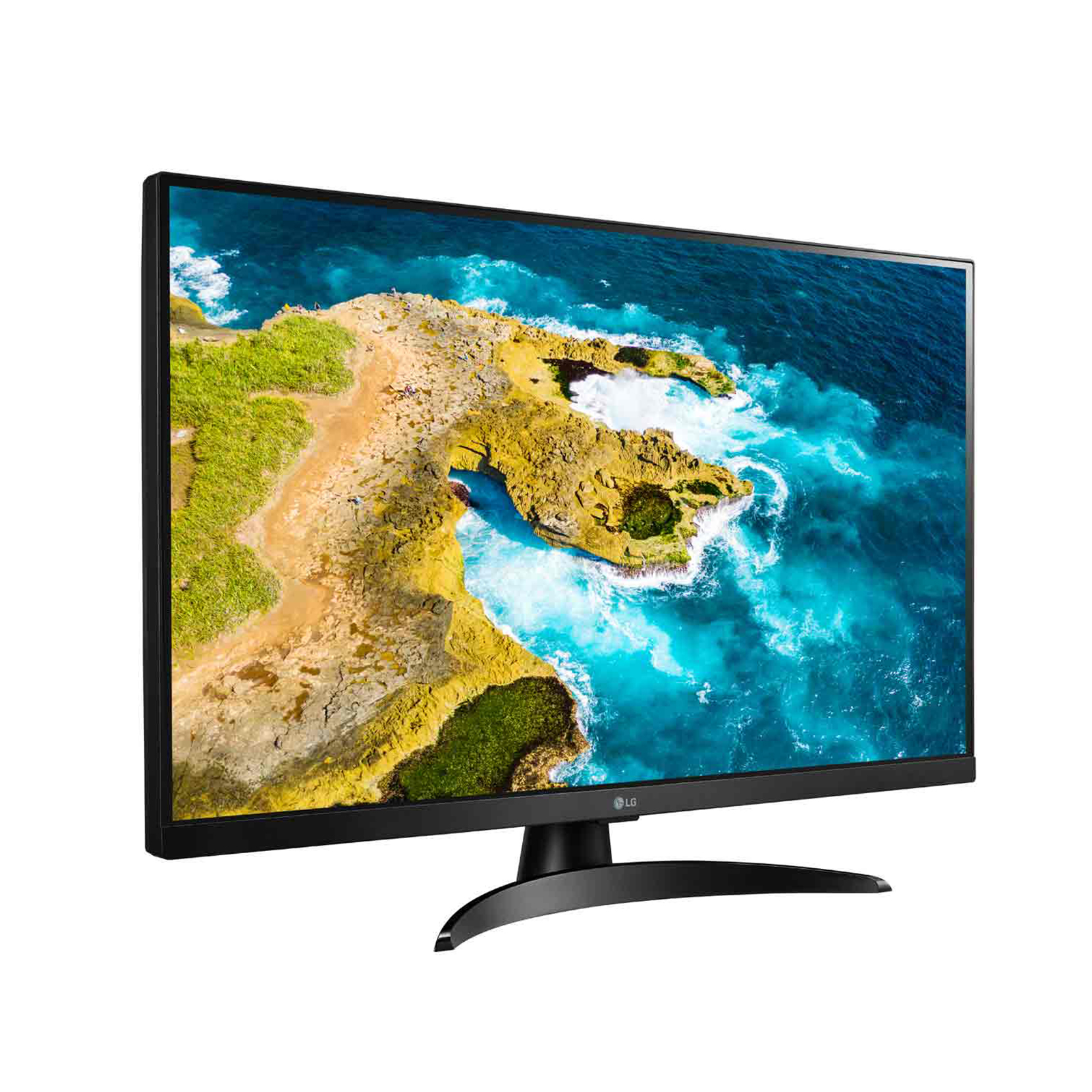 Monitor LG wyświetlający krajobraz z oceanem. Monitor ma czarną ramkę i podstawę.