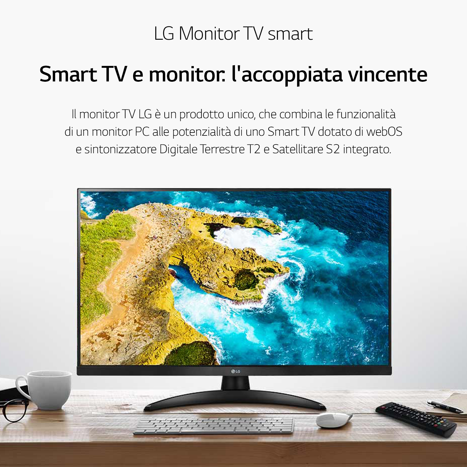 Monitor Smart TV z malowniczym tłem krajobrazu nadmorskiego, na drewnianym biurku.