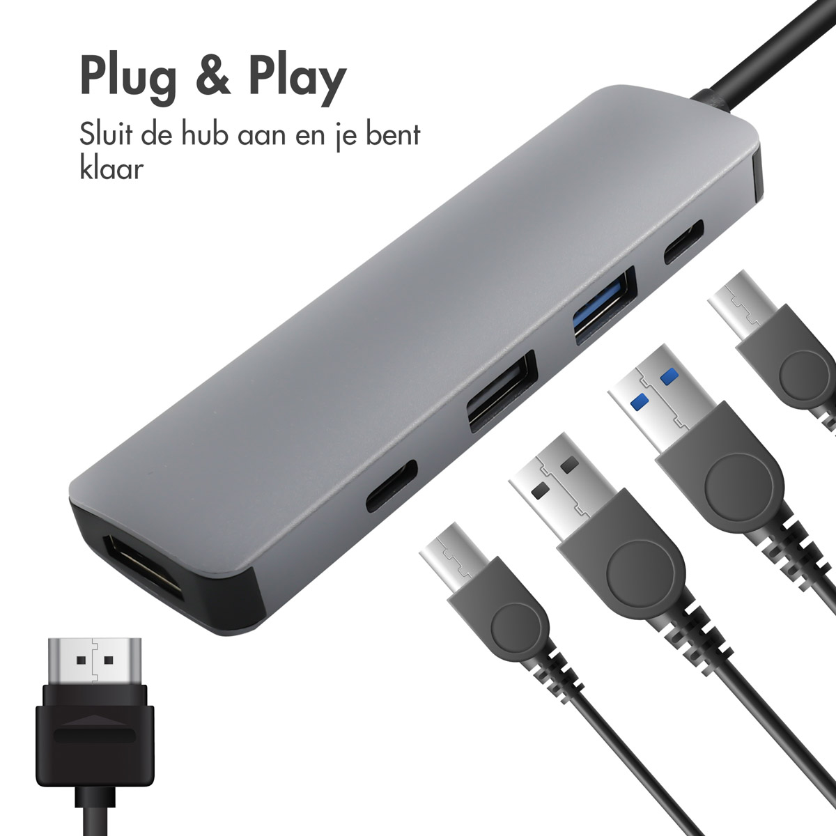 Zilveren hub met USB- en USB-C-kabels en connectoren.