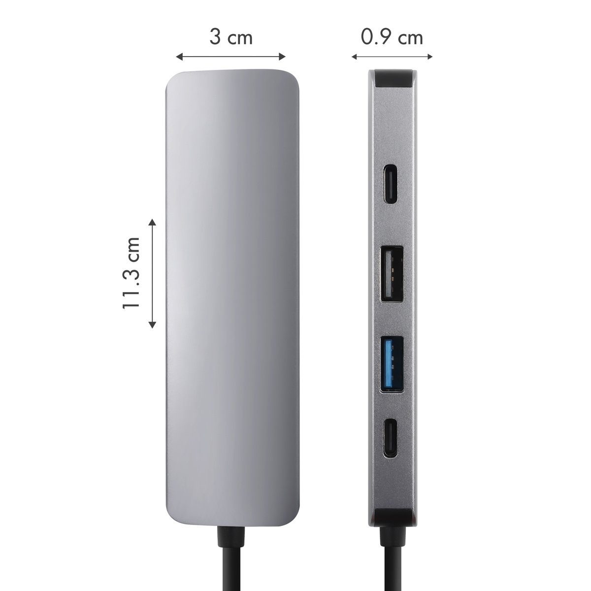 Zilveren USB-hub met meerdere poorten, zijaanzicht toont afmetingen in cm.