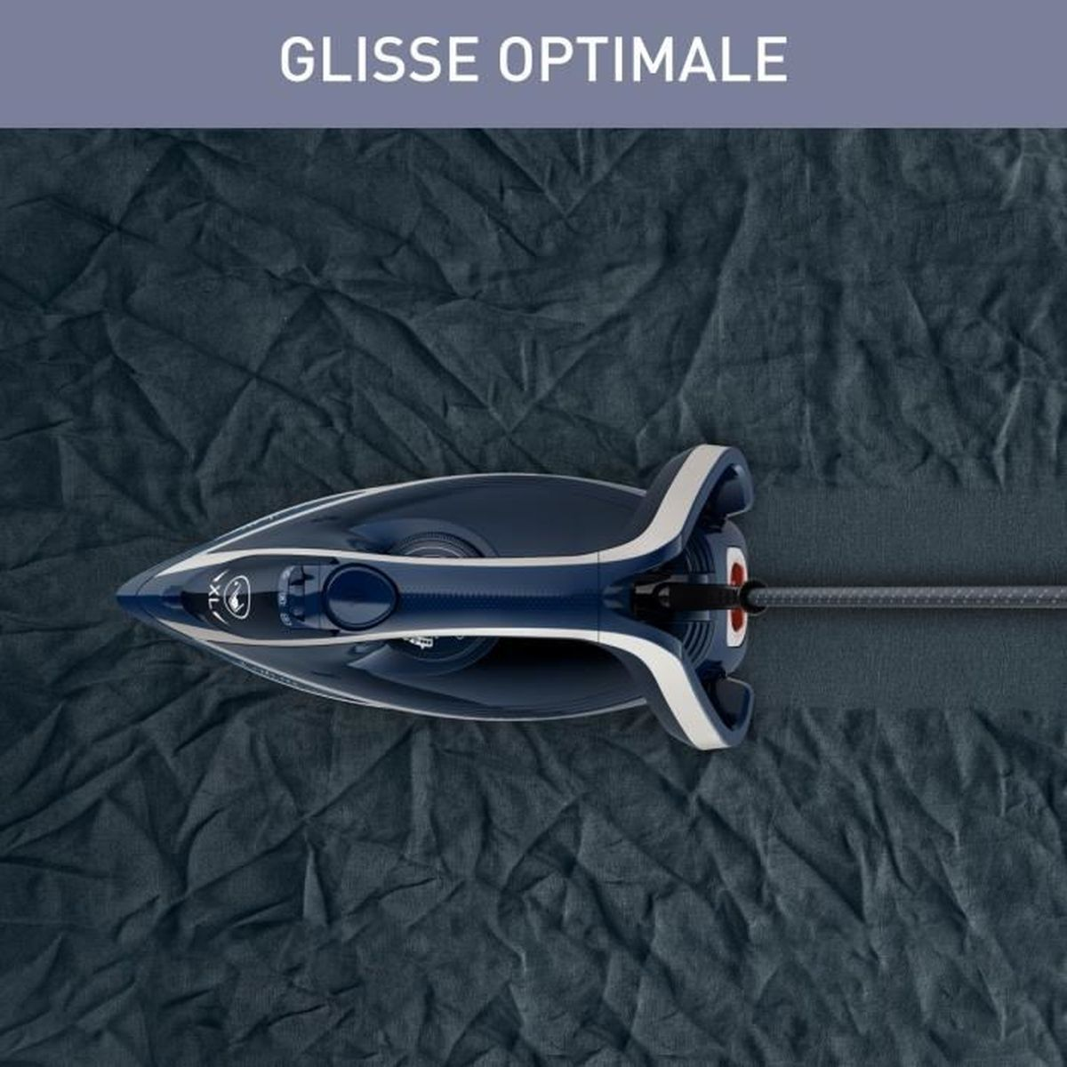 Iron on grey fabric. Top view of iron with "GLISSE OPTIMALE" text.