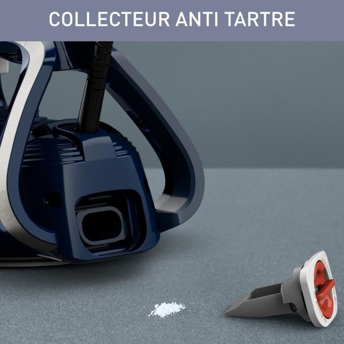 Close-up of a device with a blue front and white residue. The text 'COLLECTEUR ANTI TARTRE'.