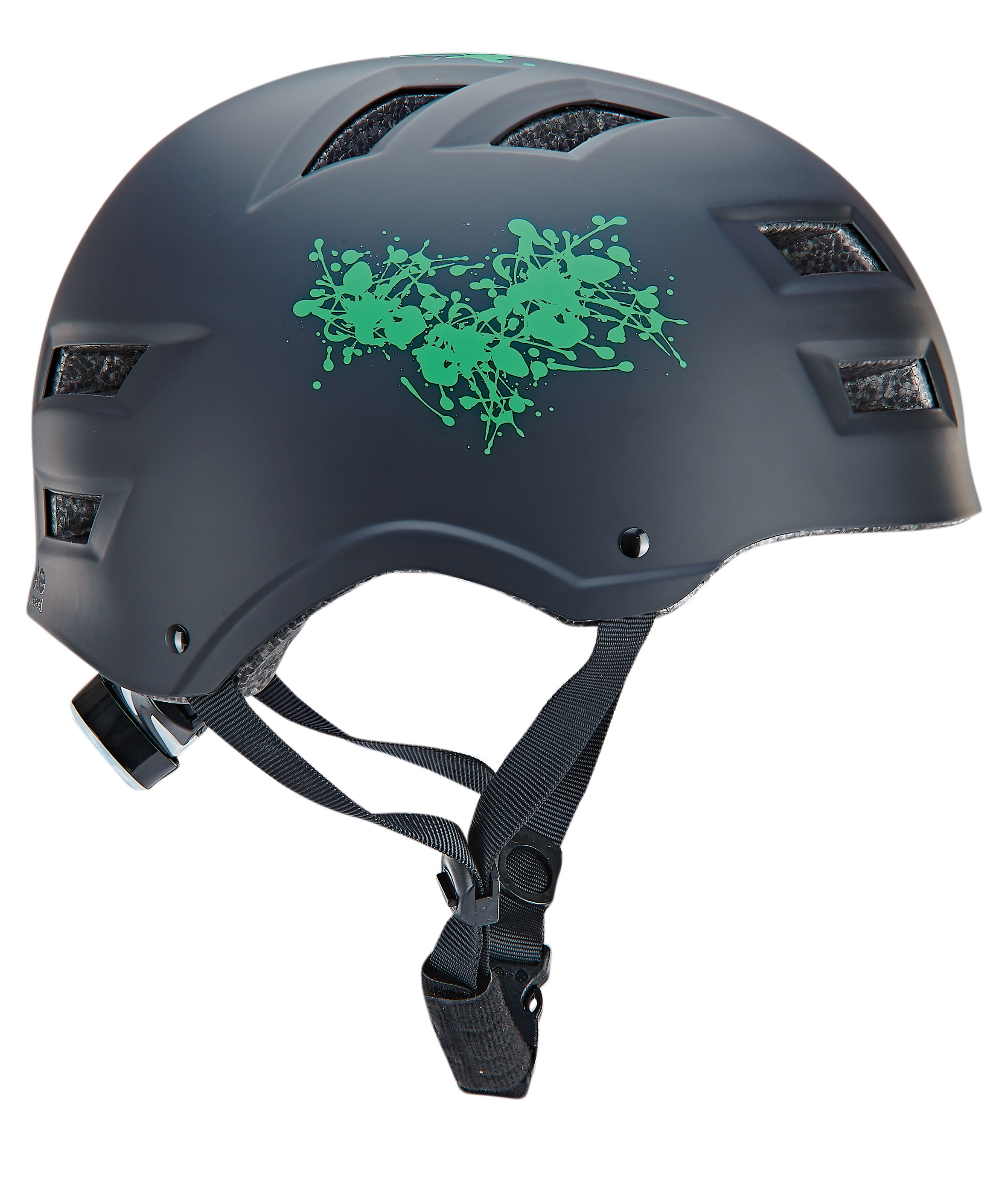 Schwarzer Helm mit grünem Spritzmuster auf der Oberseite. Der Gurt ist schwarz.
