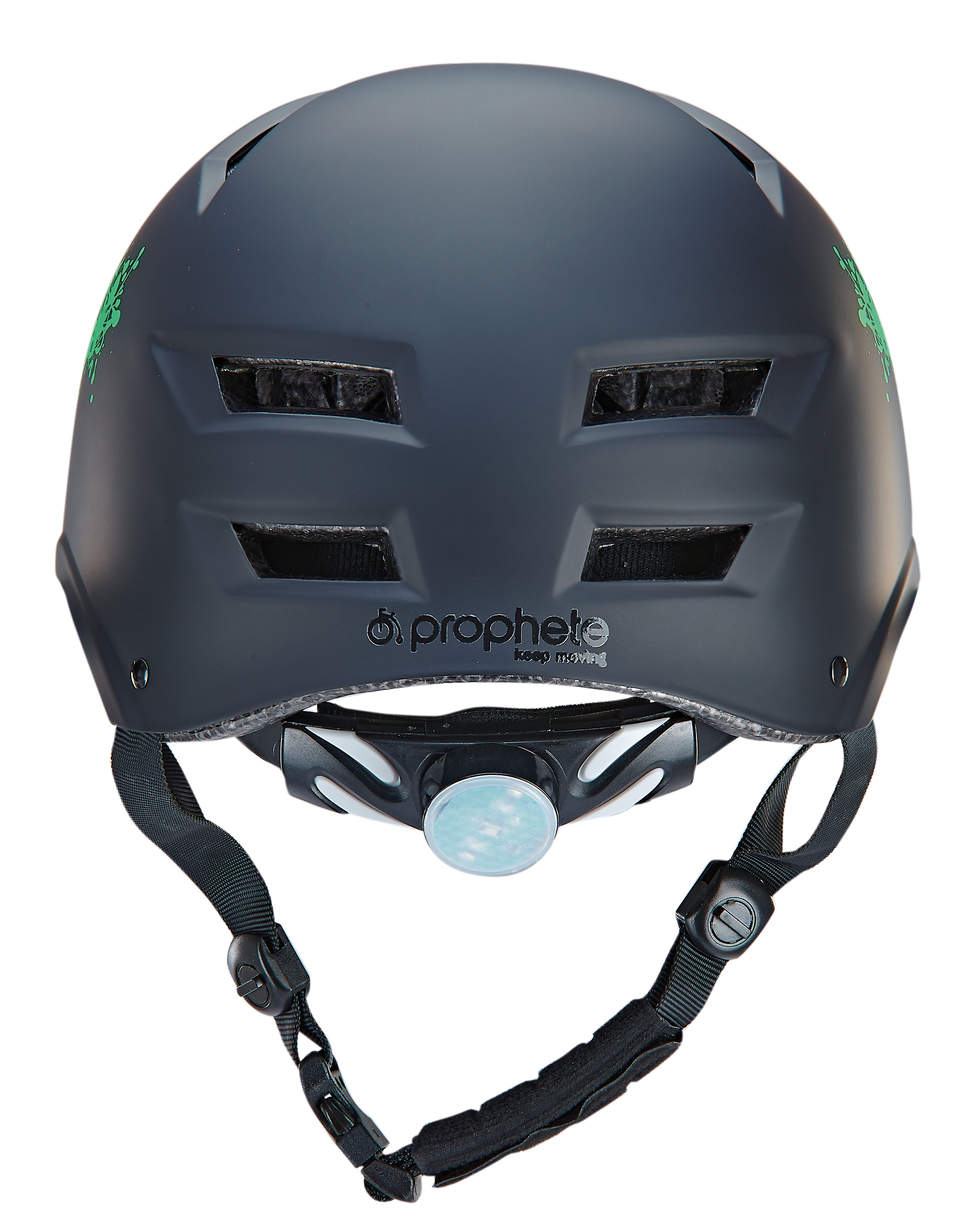 Schwarzer Fahrradhelm mit grünem Design, Licht und Riemen, weißer Hintergrund.
