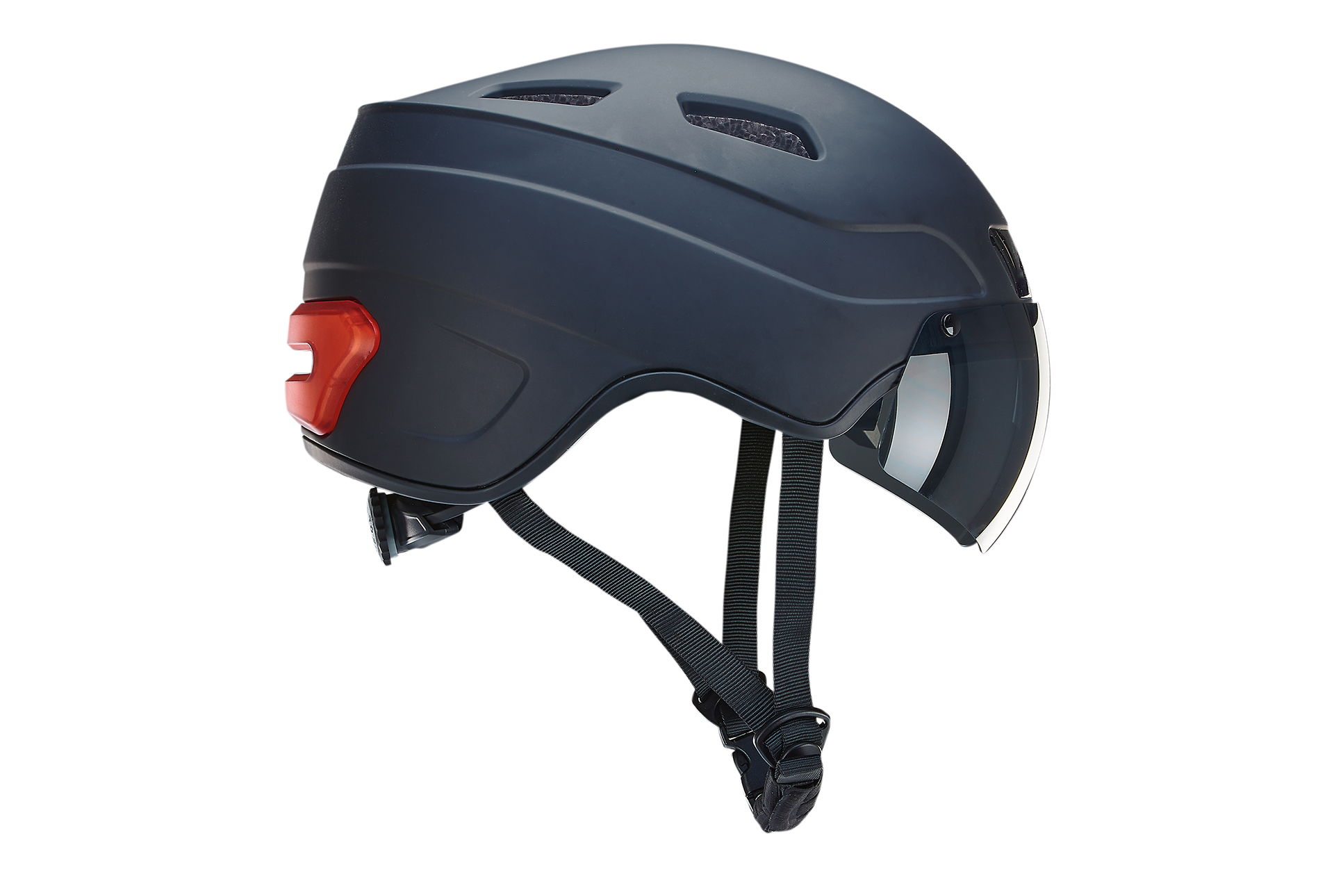 Dunkelblauer Fahrradhelm mit rotem Rücklicht und Visier.
