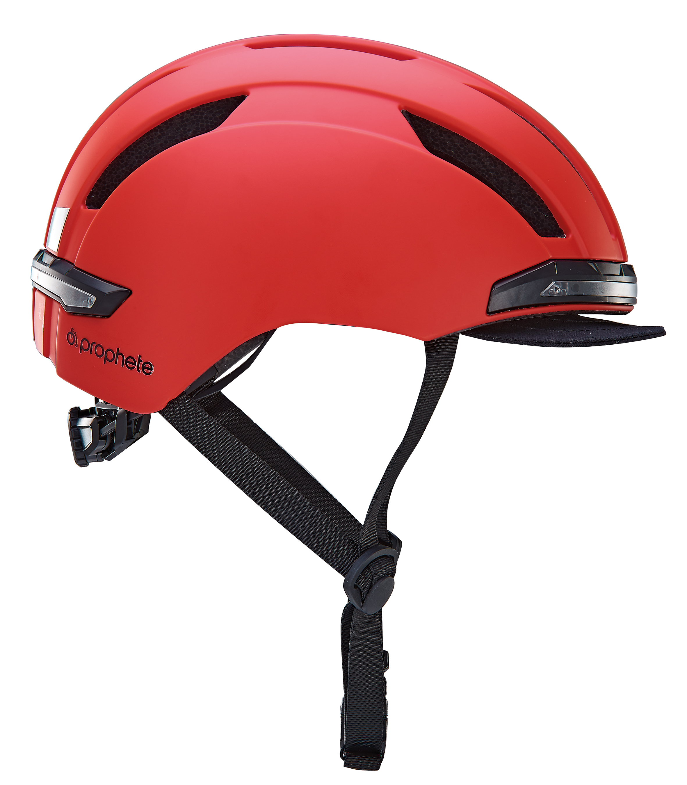 Roter Fahrradhelm mit schwarzen Riemen und Belüftungsöffnungen. Er hat ein Visier.