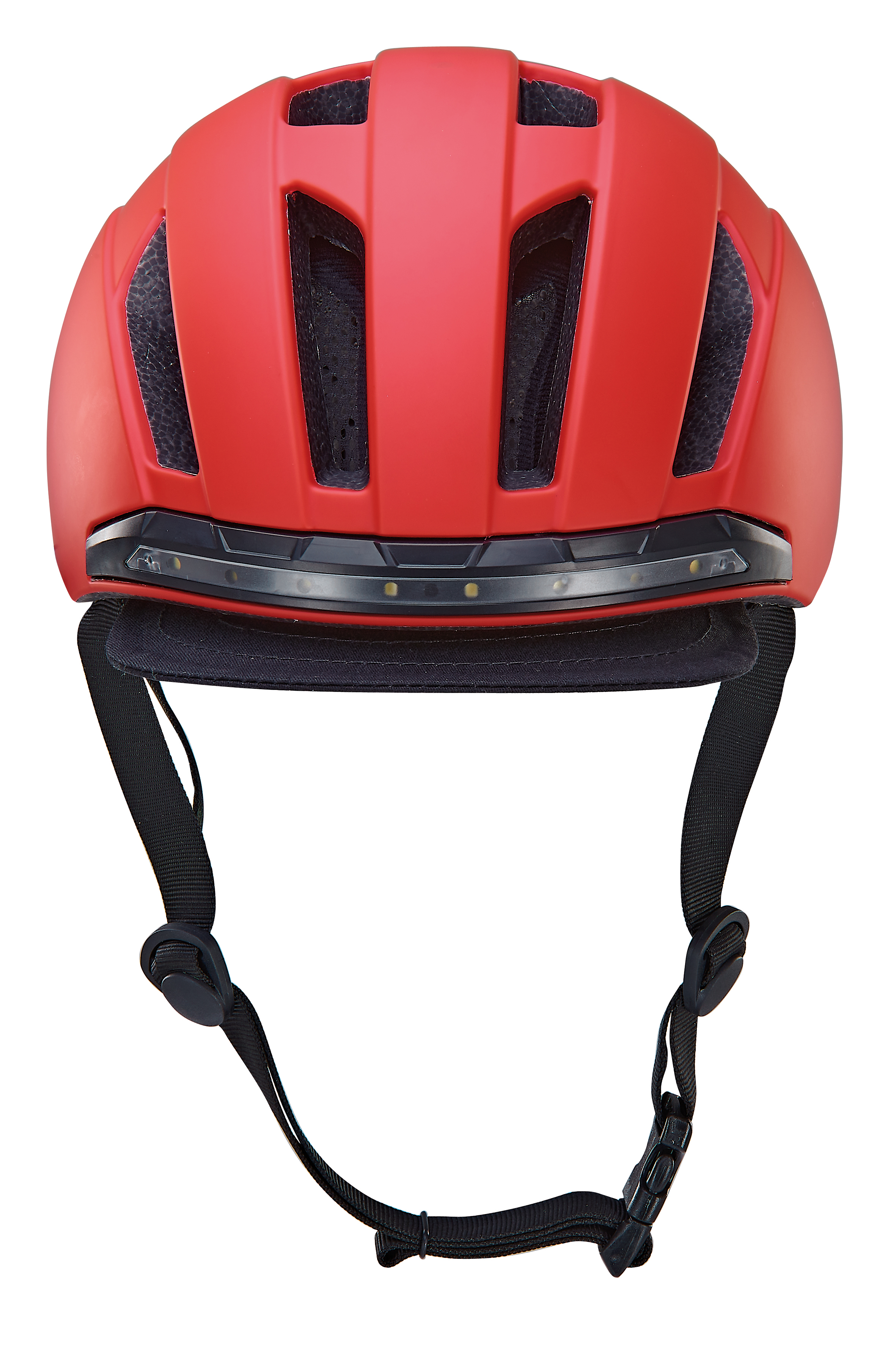 Roter Fahrradhelm mit Lichtern und Riemen, weißer Hintergrund, Rückansicht.