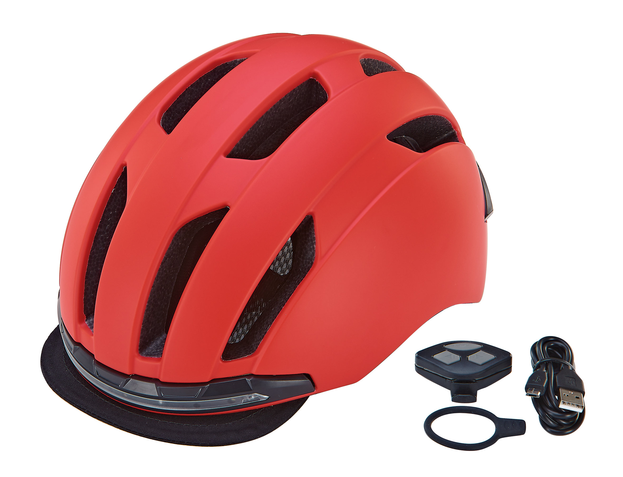 Roter Fahrradhelm mit Visier und Rücklicht, mit Ladekabel und Bedieneinheit.