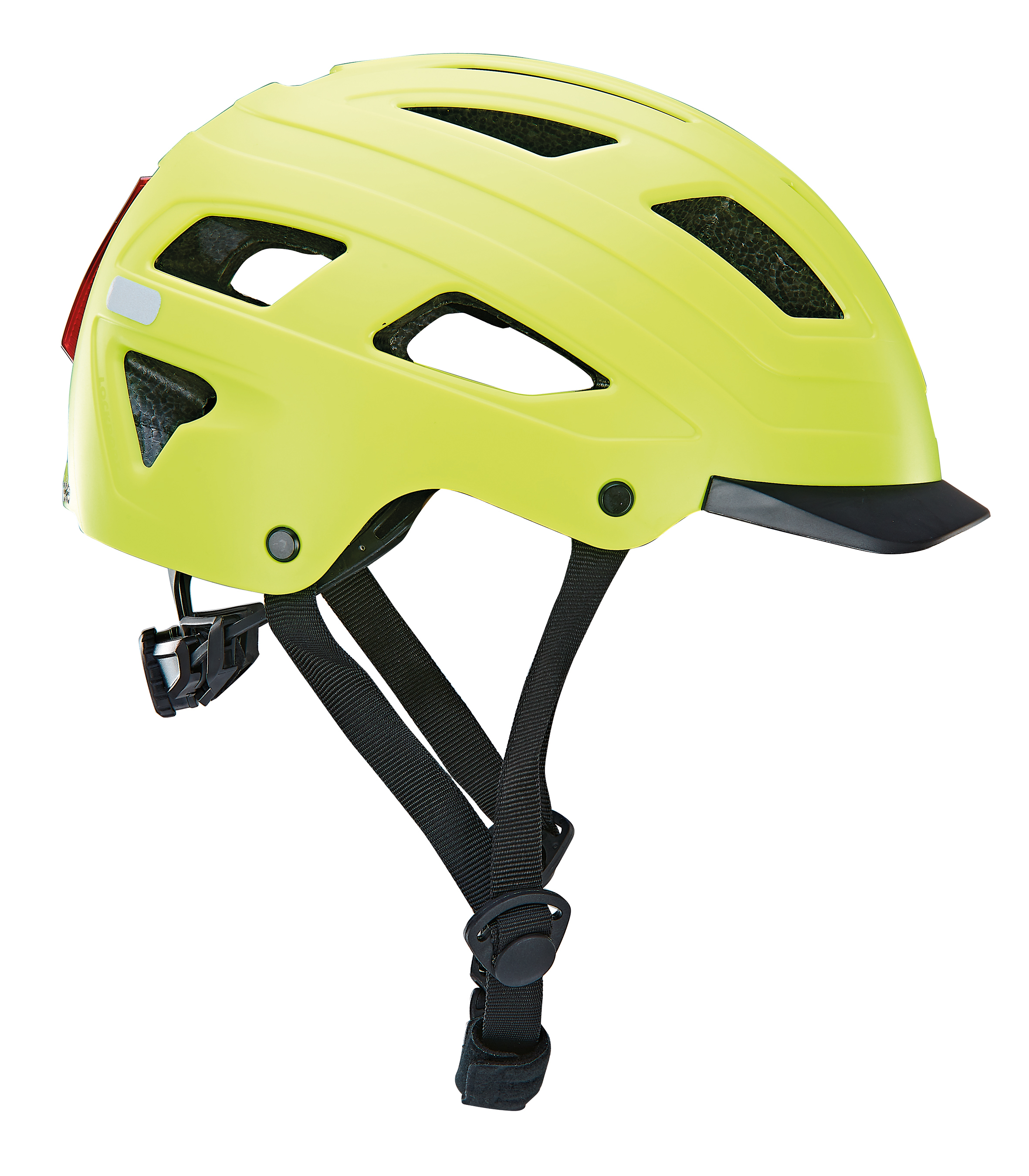 Ein hellgelber Fahrradhelm mit Visier, Rücklicht und verstellbaren Riemen, weißer Hintergrund.