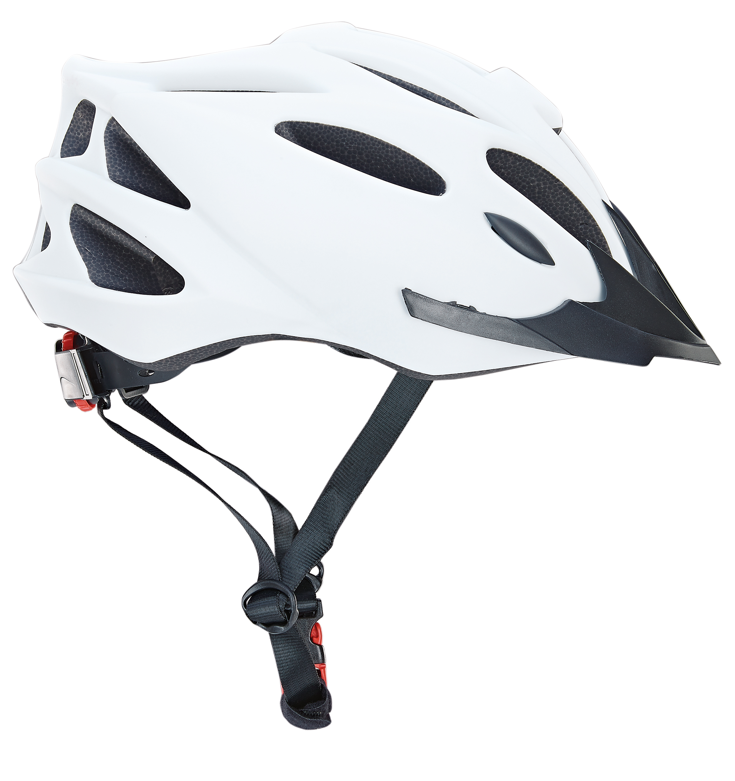 Weißer Fahrradhelm mit schwarzem Visier. Helm hat Riemen und ein rotes Licht. Weißer Hintergrund.