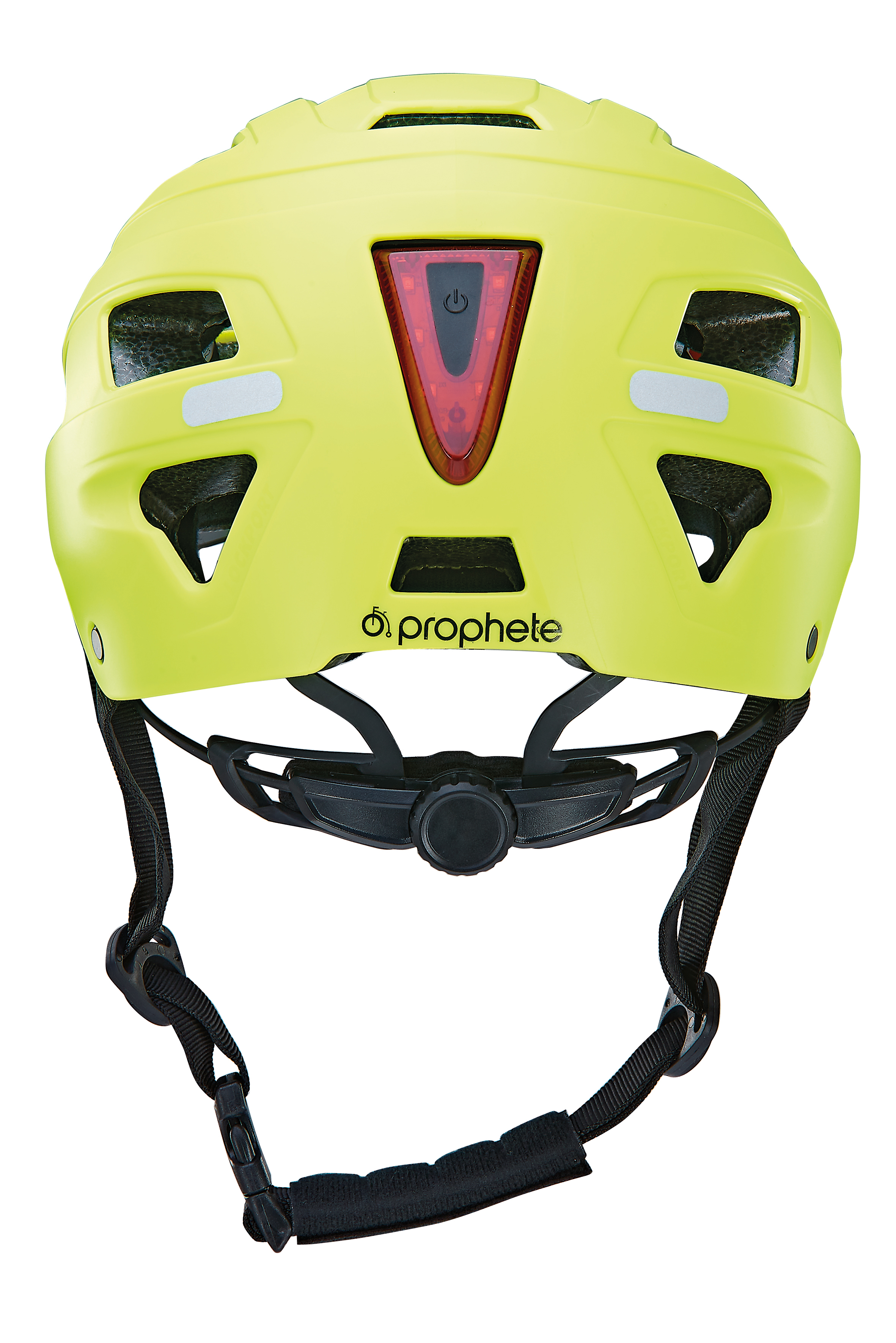 Gelber Fahrradhelm mit rotem Licht, schwarzen Riemen und der Marke 'Prophete'.