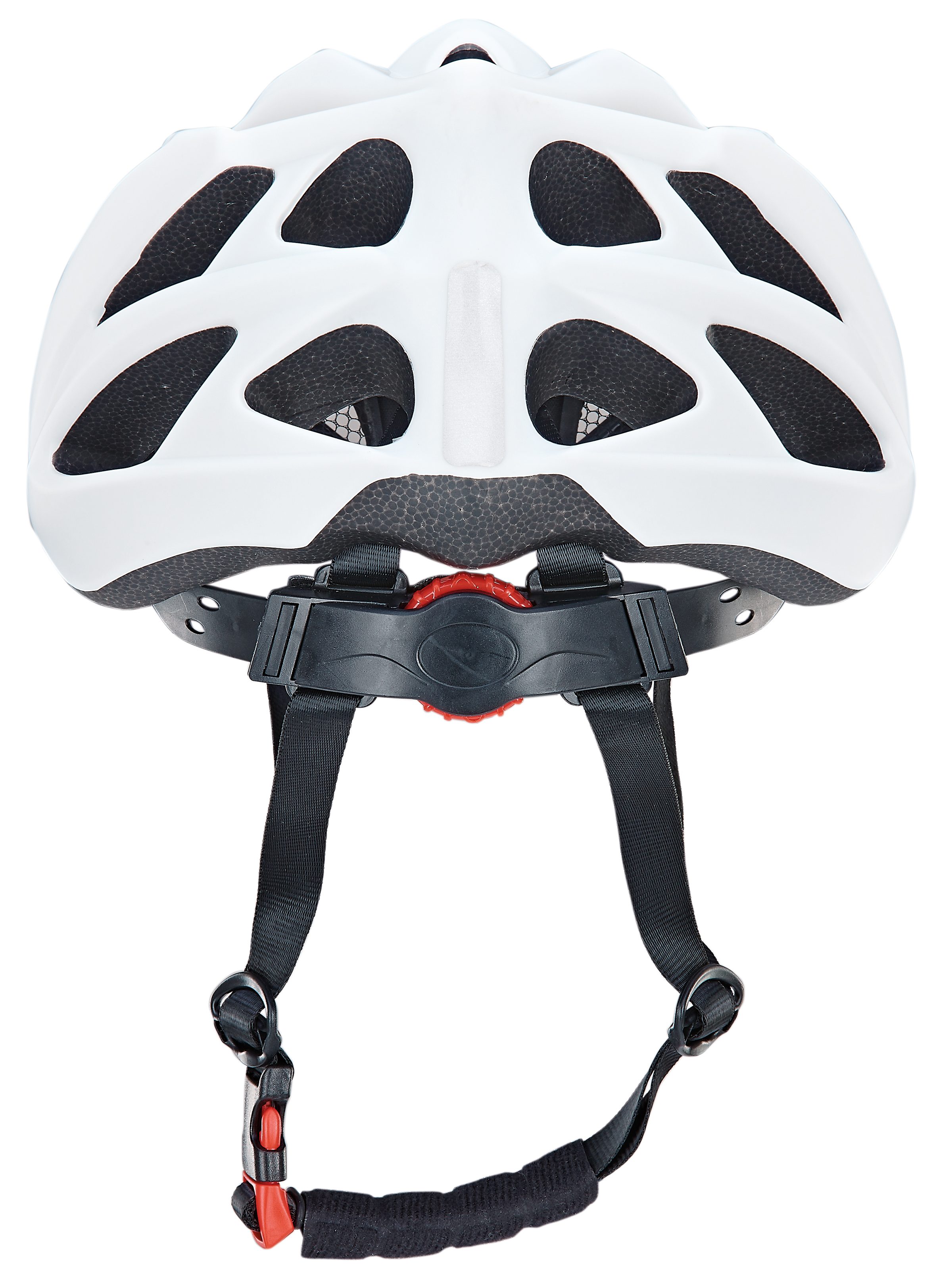 Weißer Fahrradhelm, mit schwarzen Riemen und einem roten Verstellrad, isoliert auf weißem Hintergrund.