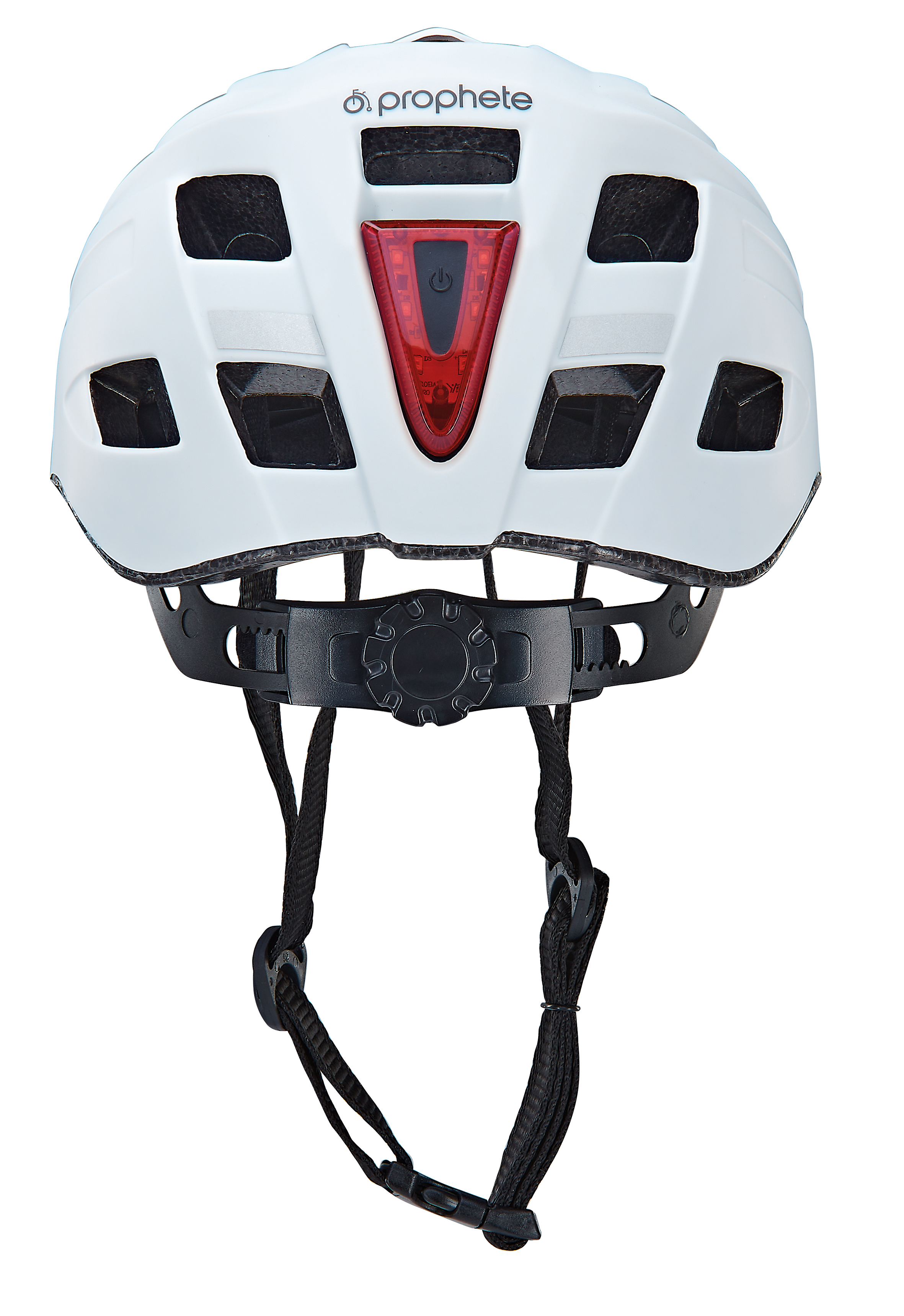 Weißer Fahrradhelm mit rotem Licht auf der Rückseite. Verfügt über ein schwarzes Verstellsystem.