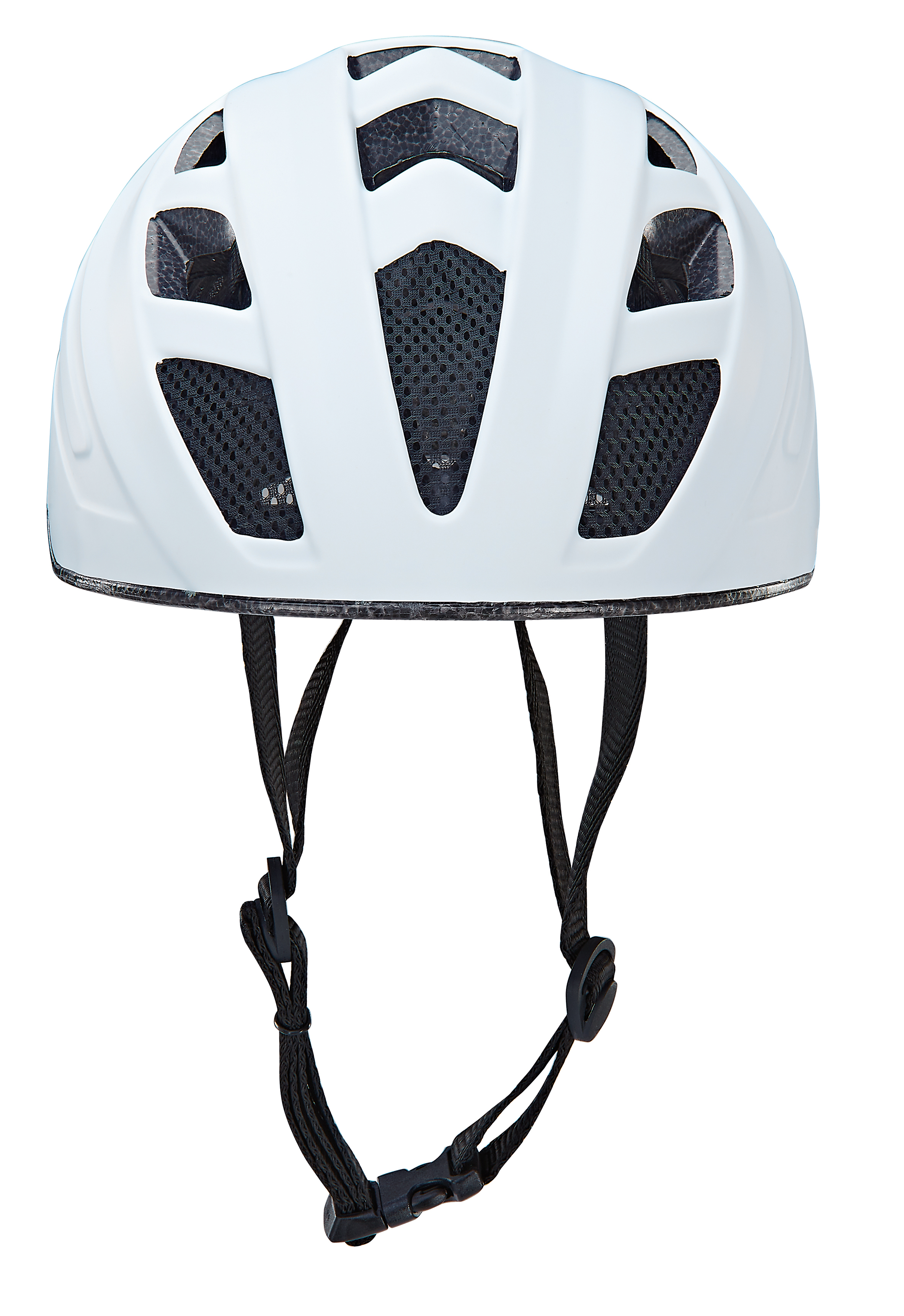 Weißer Fahrradhelm mit schwarzen Riemen und Belüftungsöffnungen.