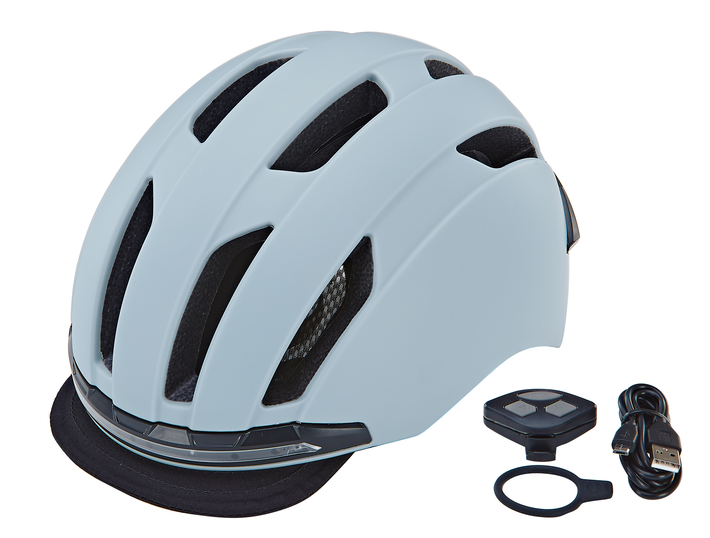 Blauer Fahrradhelm mit Visier, Fernbedienung, USB-Kabel und Gummiring.