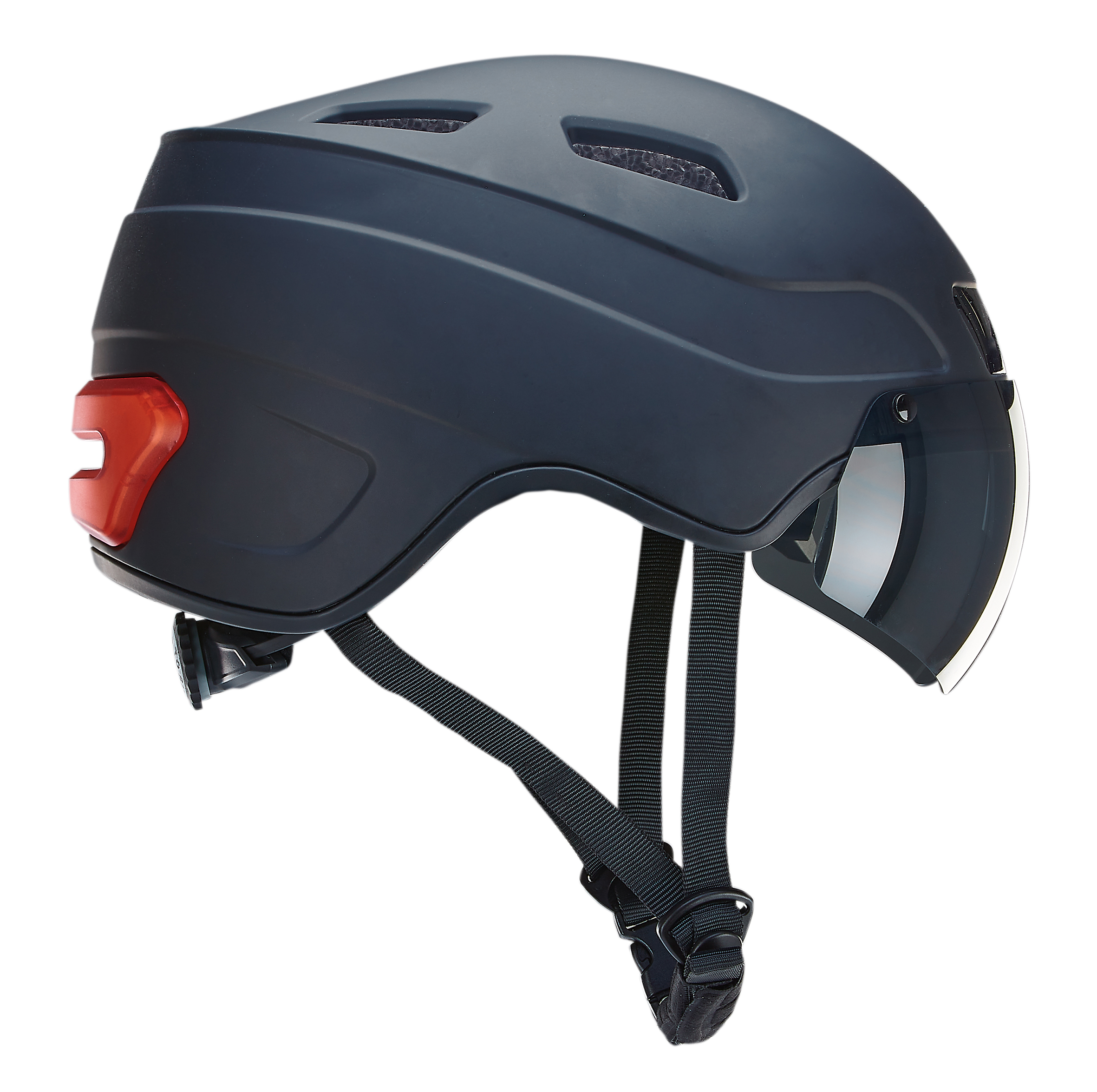 Schwarzer Fahrradhelm mit rotem Rücklicht und Visier. Er hat verstellbare Riemen und ein schlankes Design.