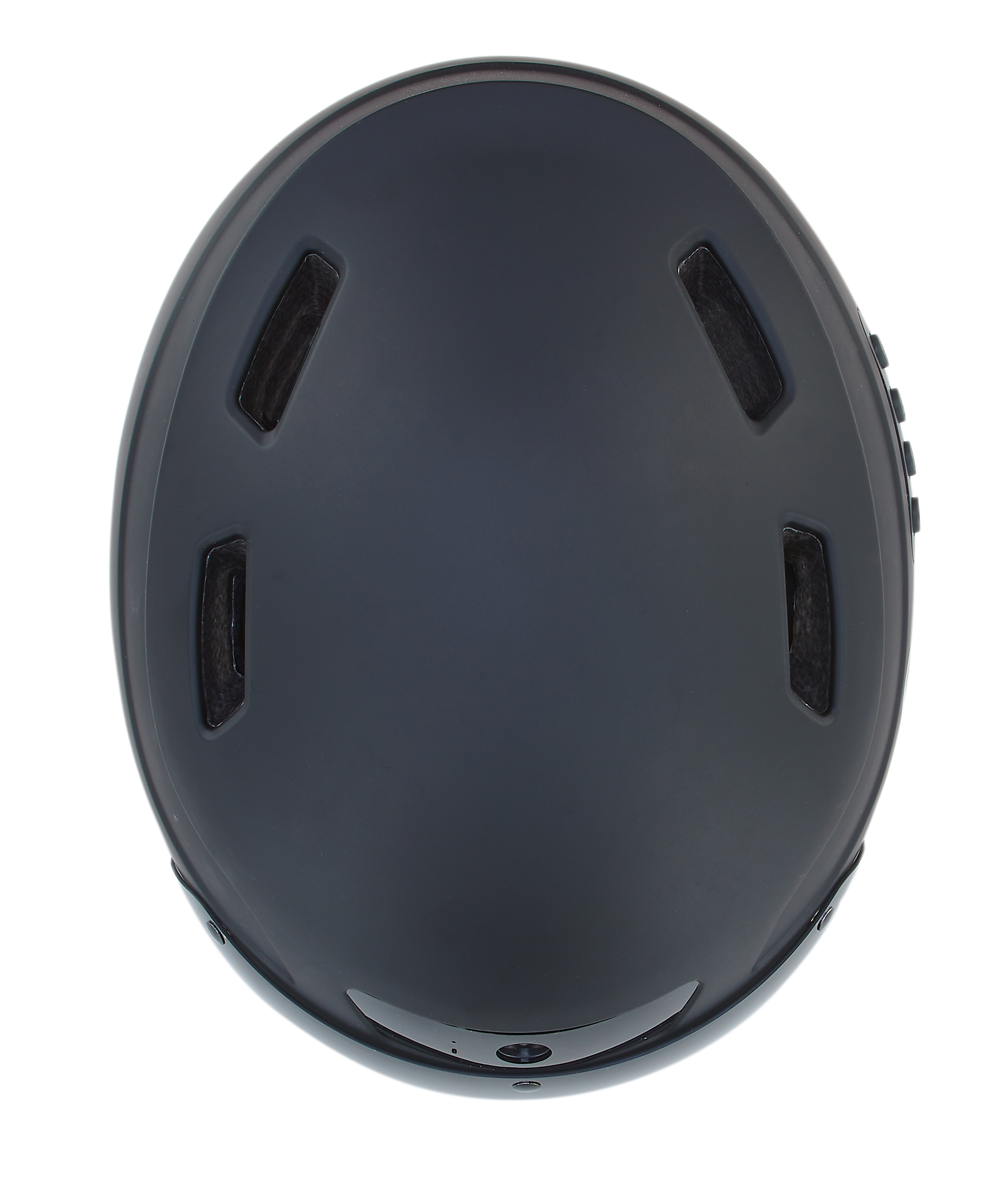 Schwarzer Helm. Die Oberseite des Helms ist sichtbar. Er hat Belüftungen.