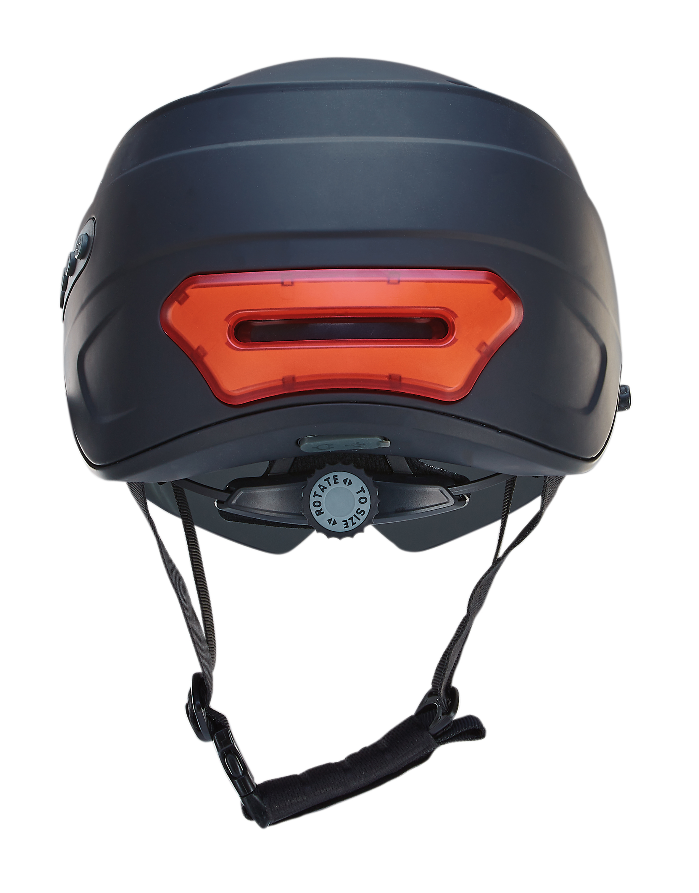 Schwarzer Fahrradhelm mit orangefarbenem Licht hinten, isoliert auf Weiß.
