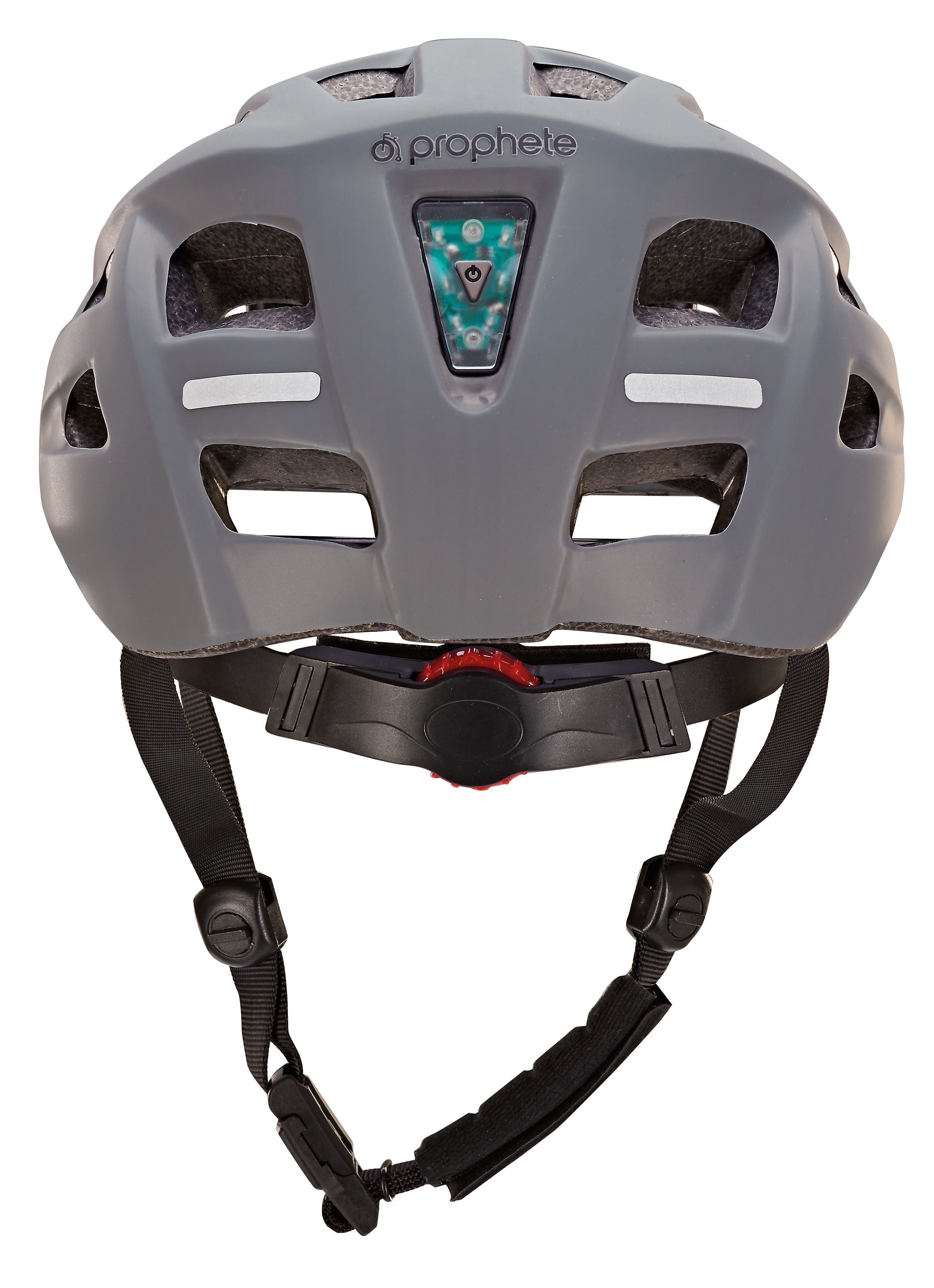 Grauer Fahrradhelm mit Rücklicht und verstellbaren Riemen.