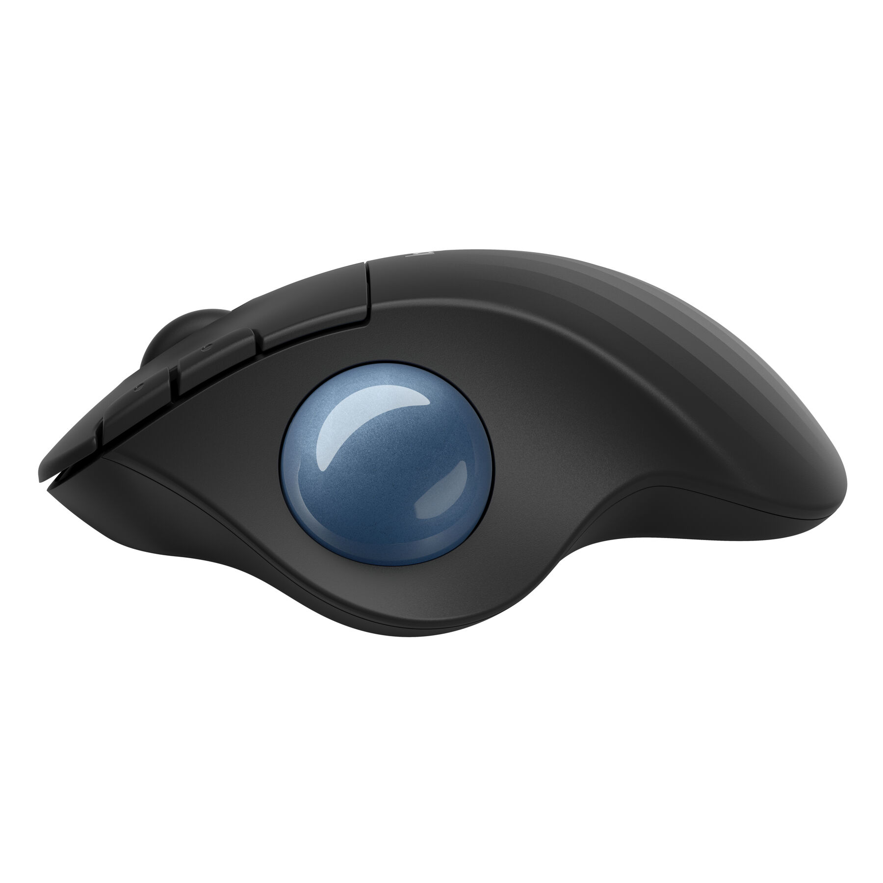 Czarna mysz trackball z niebieską kulką. Przyciski boczne. Ergonomiczna konstrukcja.
