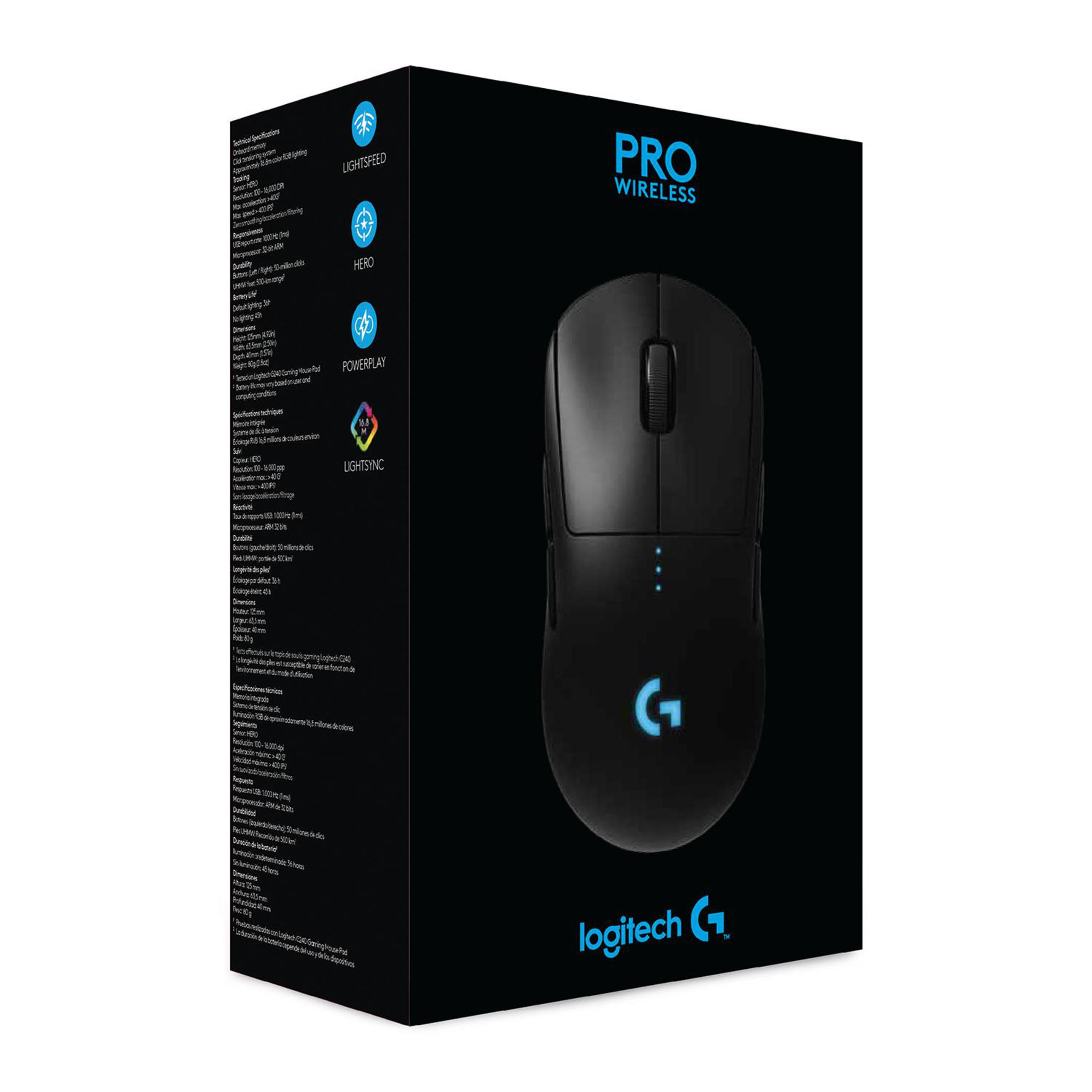 Schwarze Logitech Pro Wireless Gaming-Maus in einer schwarzen Box mit Produktdetails.