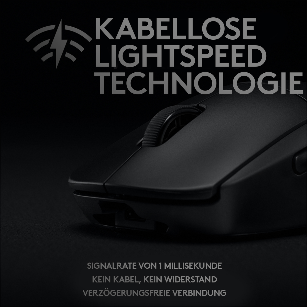 Schwarze kabellose Maus. Text: 'KABELLOSE LIGHTSPEED TECHNOLOGIE'. Dunkler Hintergrund.