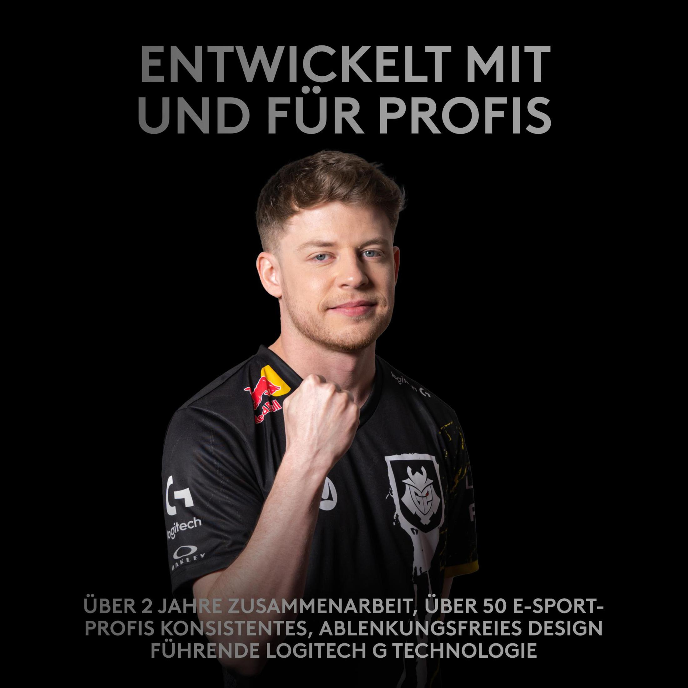 Ein Mann in einem schwarzen Trikot mit 'G2'-Logo ballt die Faust. Text oben: 'ENTWICKLET MIT UND FÜR PROFIS'.