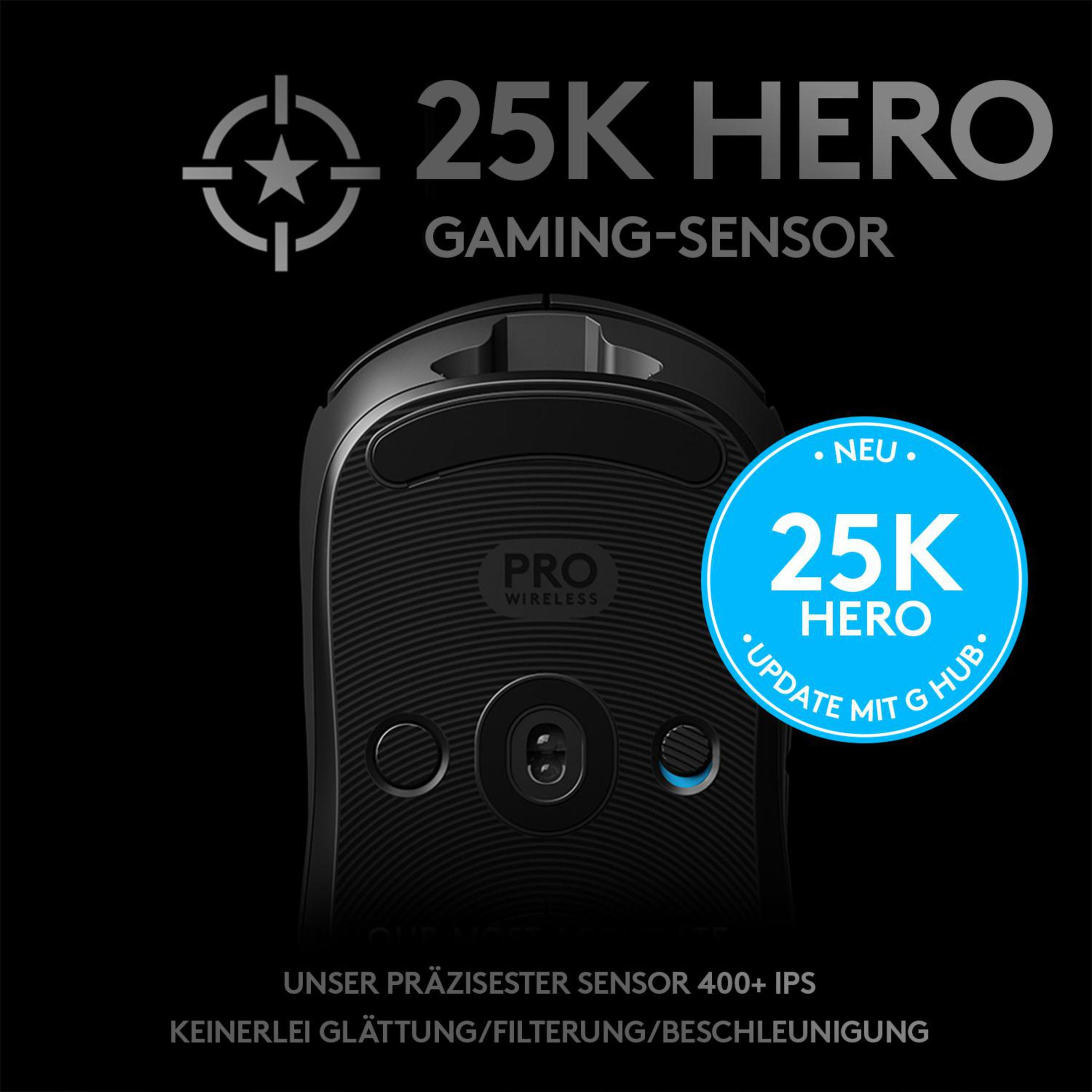 Schwarze Gaming-Maus mit Text: 25K Hero, Gaming-Sensor und Update mit G Hub.