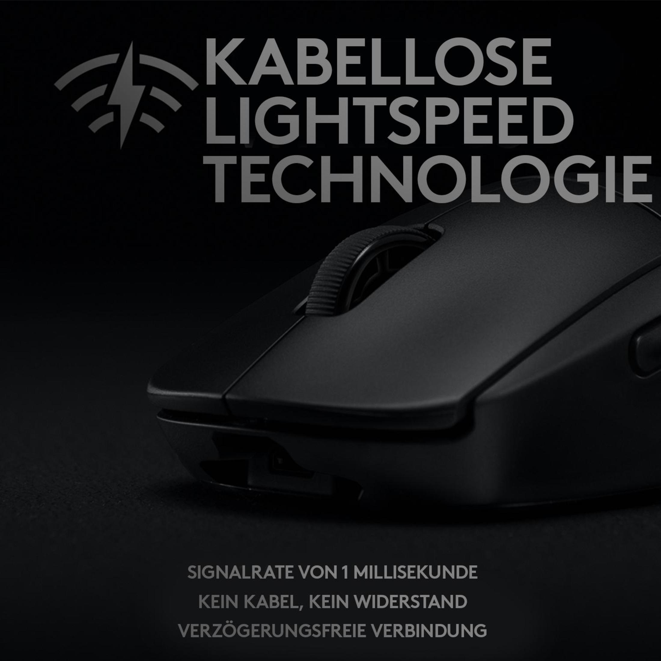 Schwarze kabellose Maus mit Text: „KABELLOSE LIGHTSPEED TECHNOLOGIE“ und Funktionsdetails.