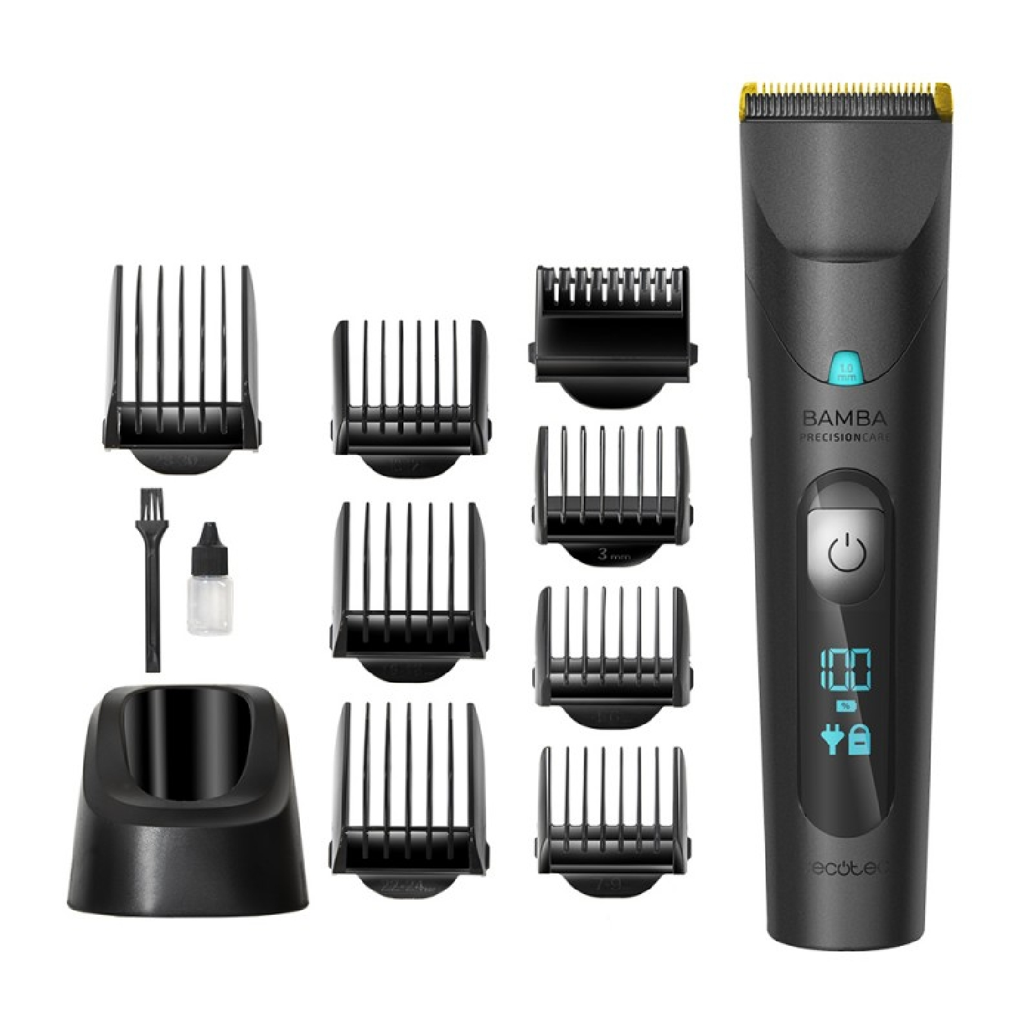 Tagliacapelli nero Bamba PrecisionCare con accessori, tra cui pettini e una base di ricarica.