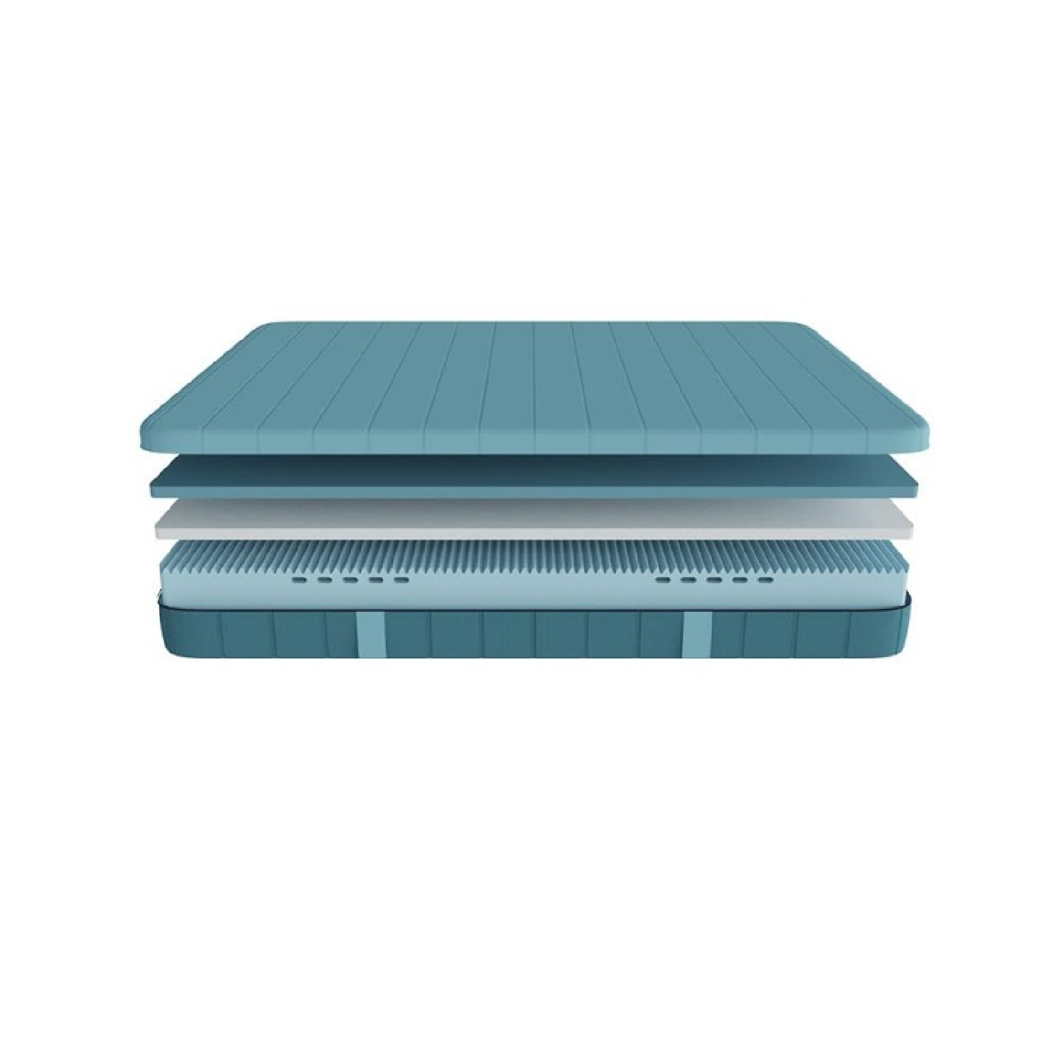 Capas de colchón azul, mostrando estructura interna, con diseño en capas.