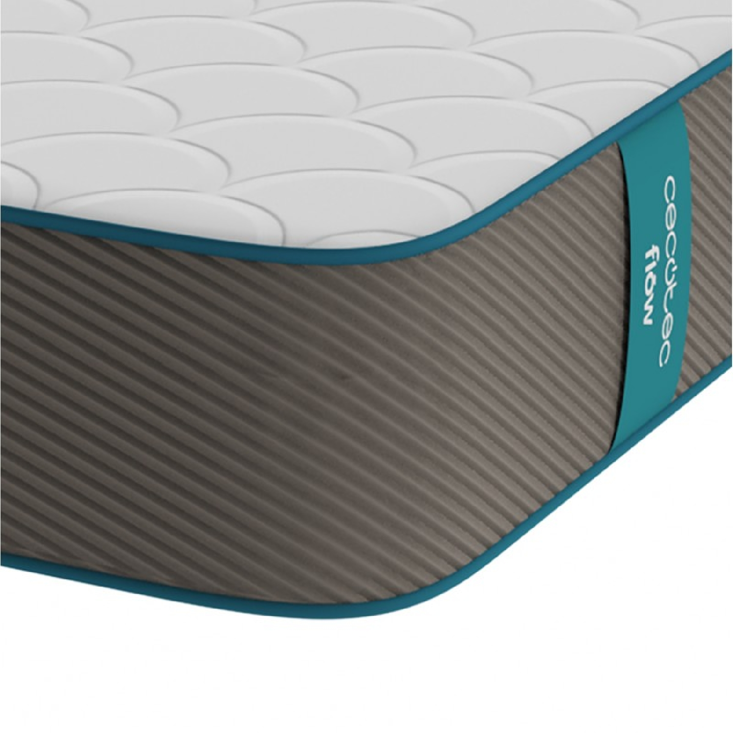 Primer plano del borde de un colchón con un diseño gris y verde azulado.