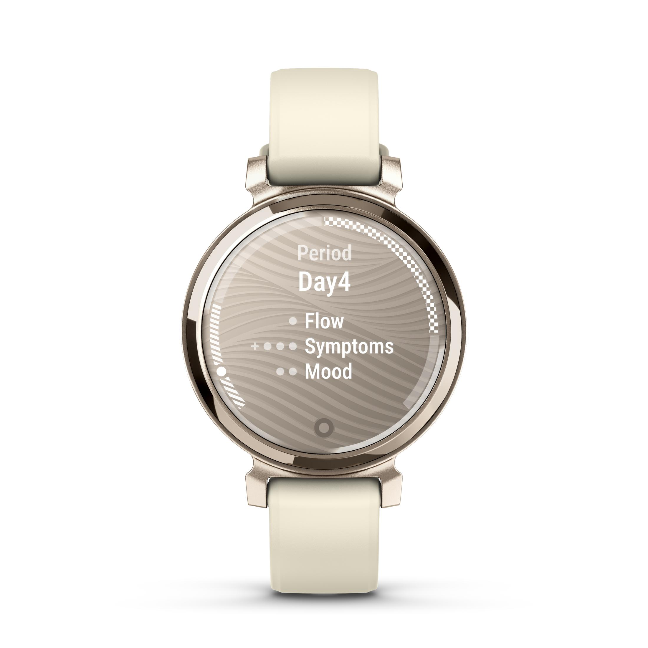 Un smartwatch con correa color crema, que muestra información sobre el período y la salud en la pantalla.