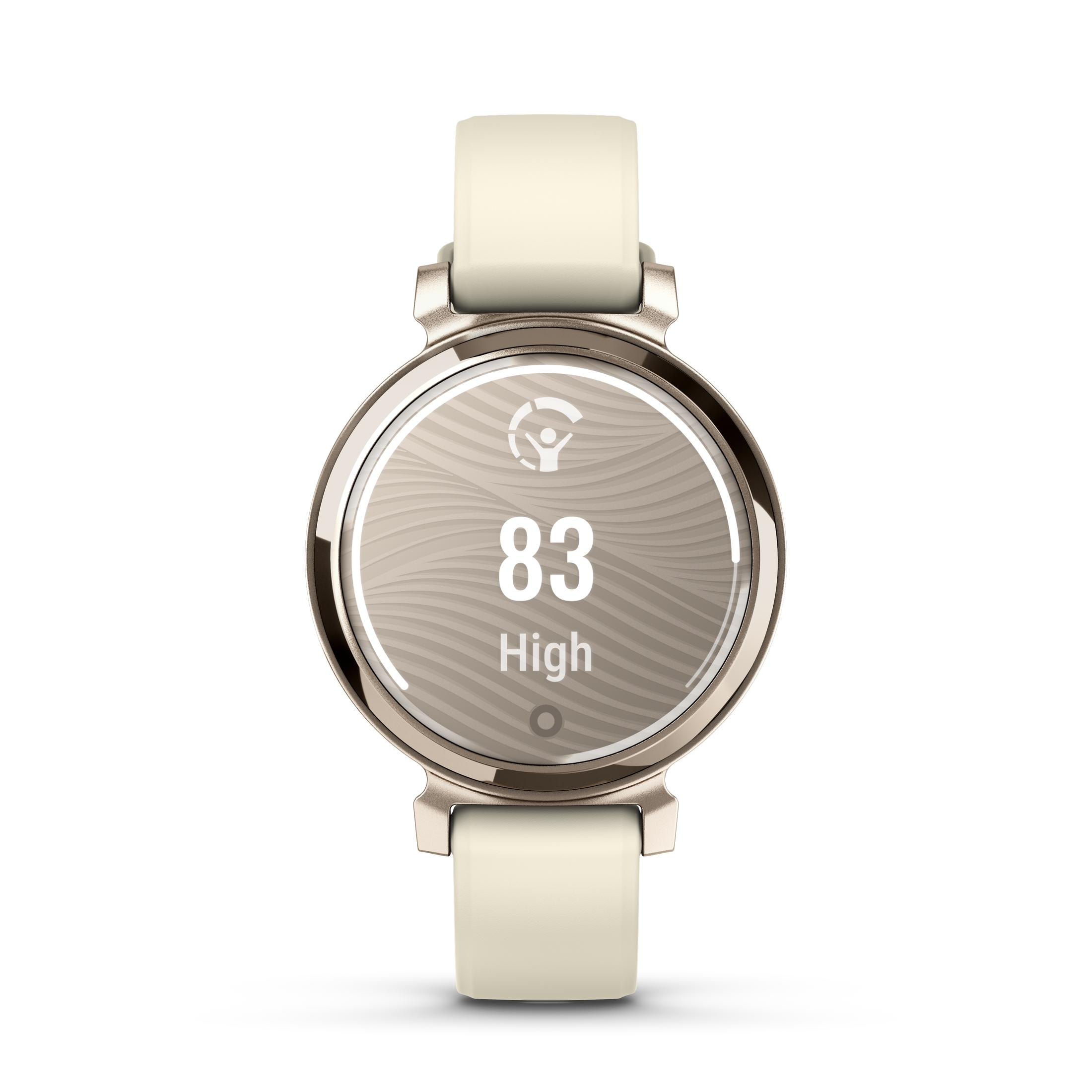Smartwatch con correa blanca, esfera circular mostrando '83 High', fondo blanco.