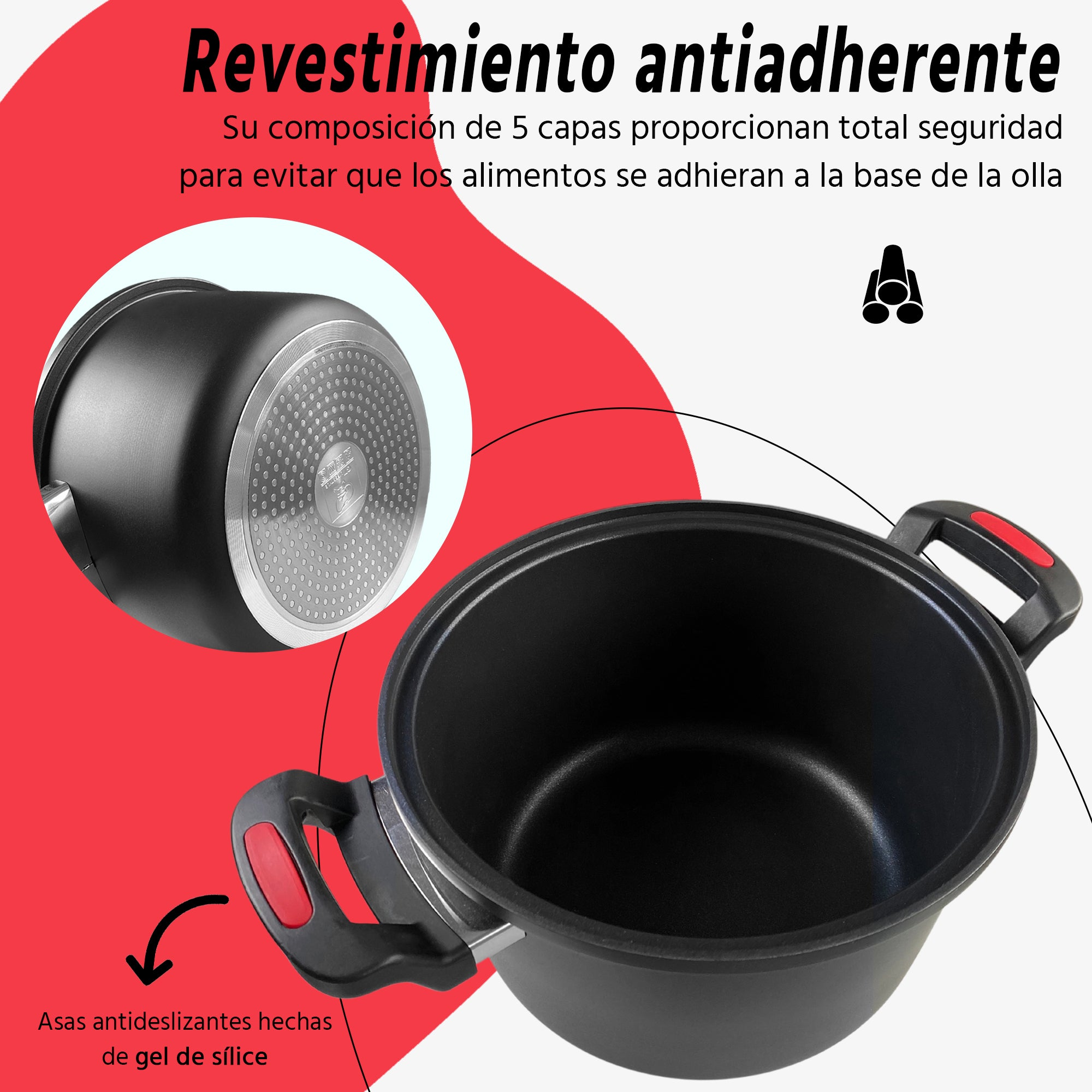 Olla negra con texto sobre su revestimiento antiadherente. Asas rojas y fondo plateado.