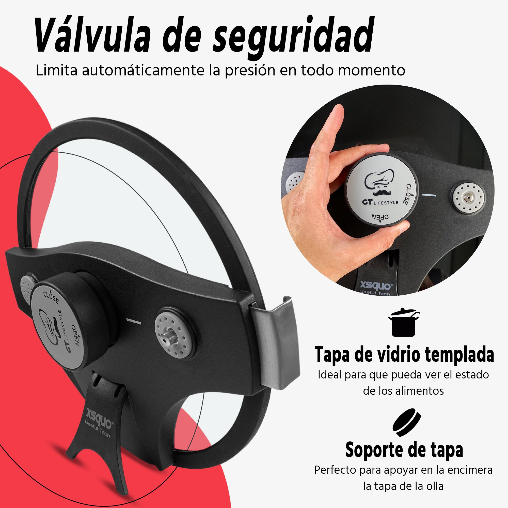 Primer plano de una olla con tapa de cristal y válvula de seguridad para liberar la presión.