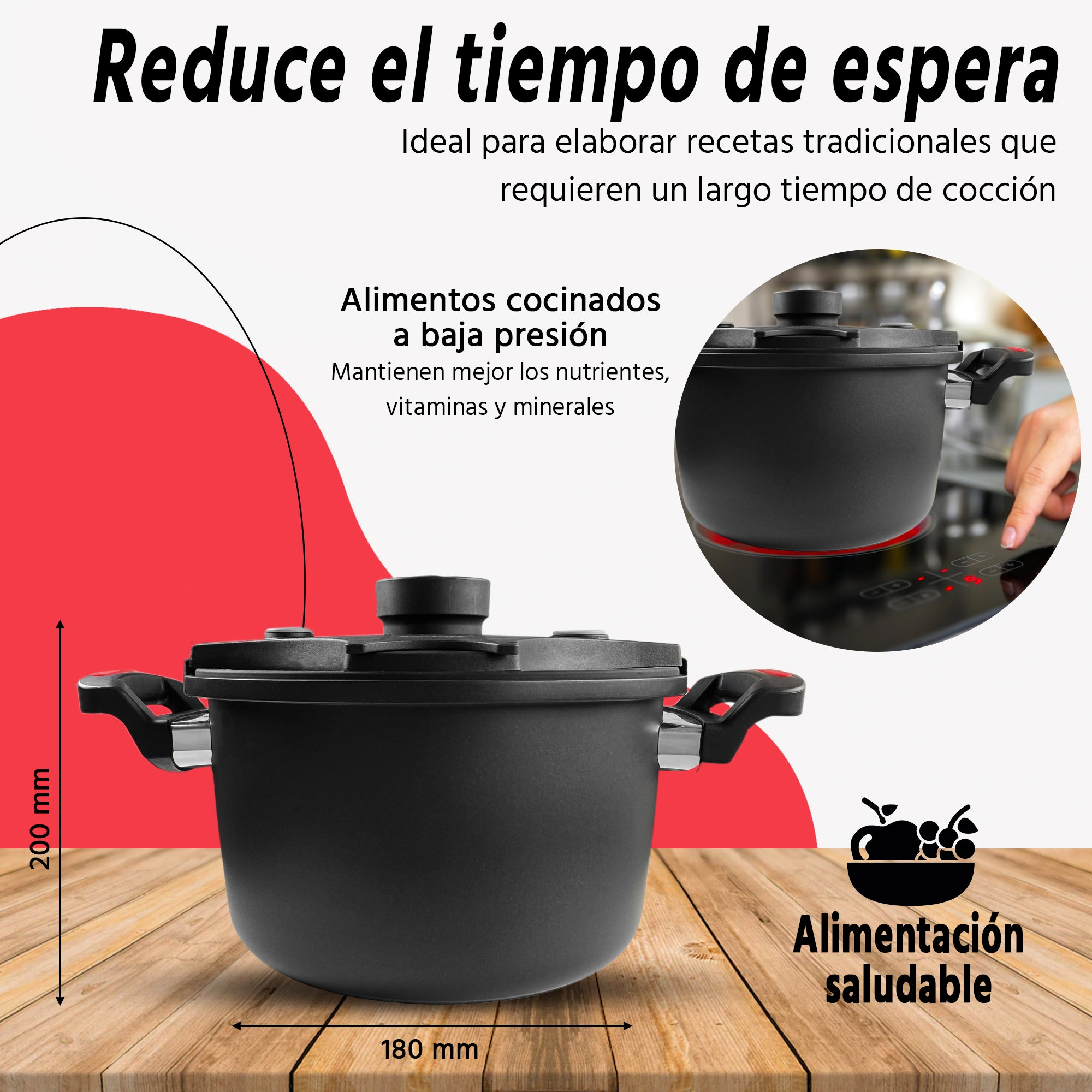 Una olla a presión negra con texto en español. Está sobre una superficie de madera, junto a una olla.
