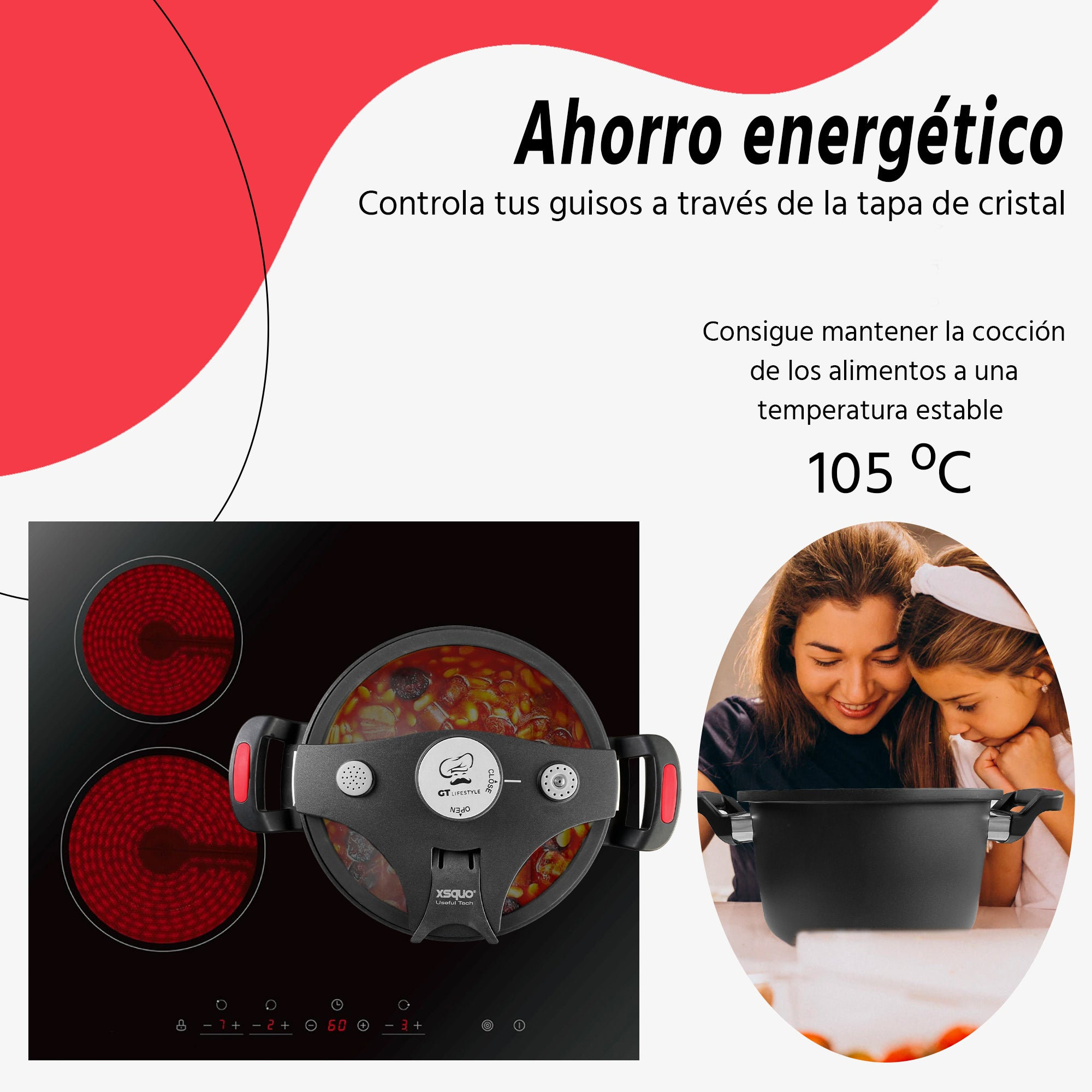 Placa de cocina con olla, texto en español, dos mujeres mirando una olla en la estufa.